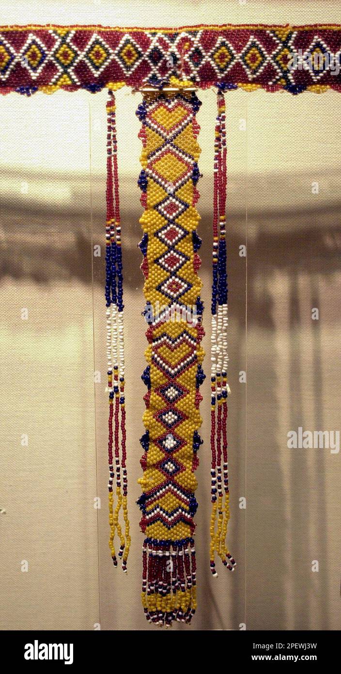 ADVANCE FOR THE WEEKEND OF JULY 3-4 ** An Apache "T" necklace made 40-50  years ago, of glass beads, cotton thread and satin ribbon is an example of  American Indian jewelry