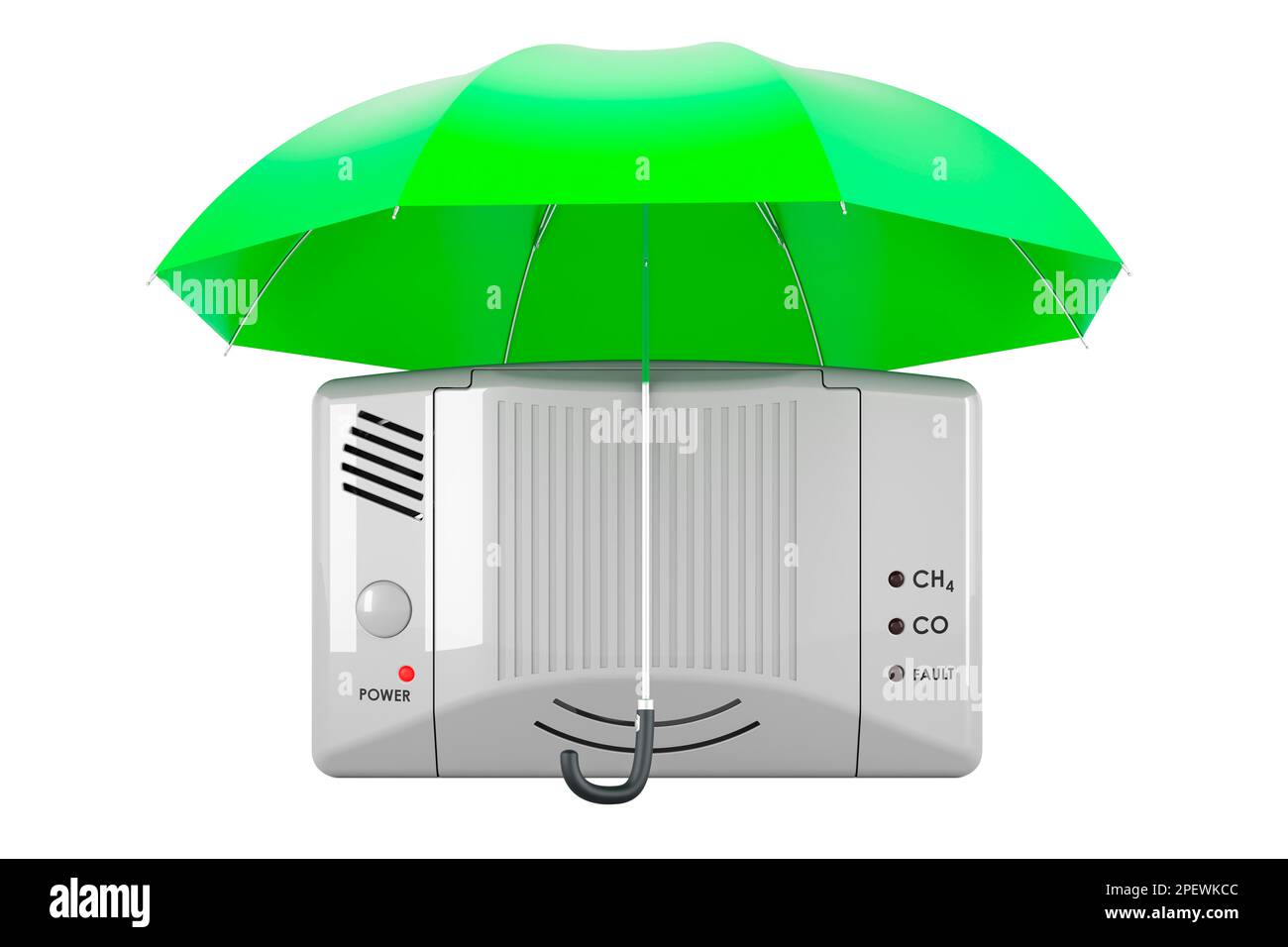 Carbon monoxide detector under umbrella. 3D rendering isolated on white ...