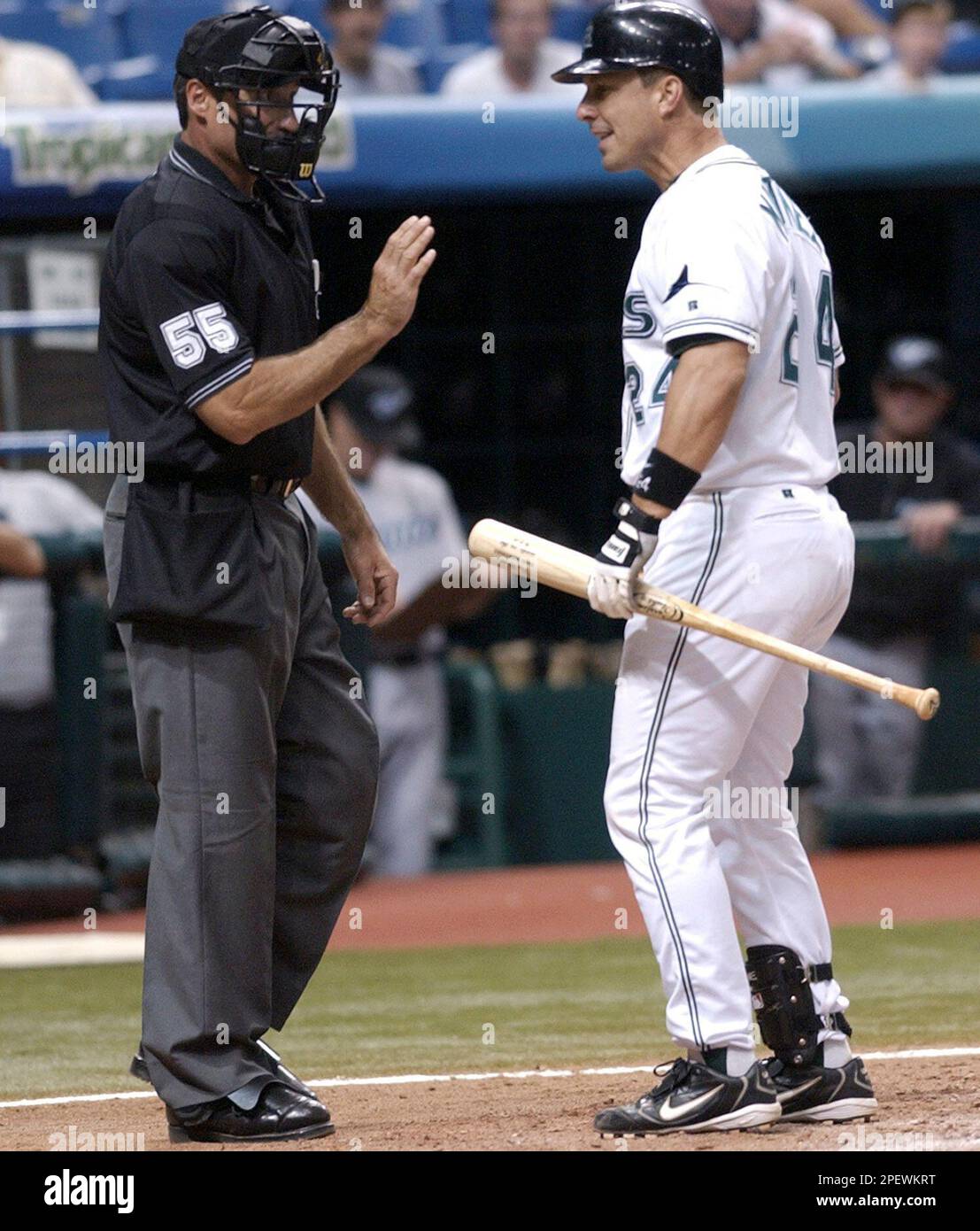 Tampa Bay Devil Rays' Tino Martinez, right, argues with umpire