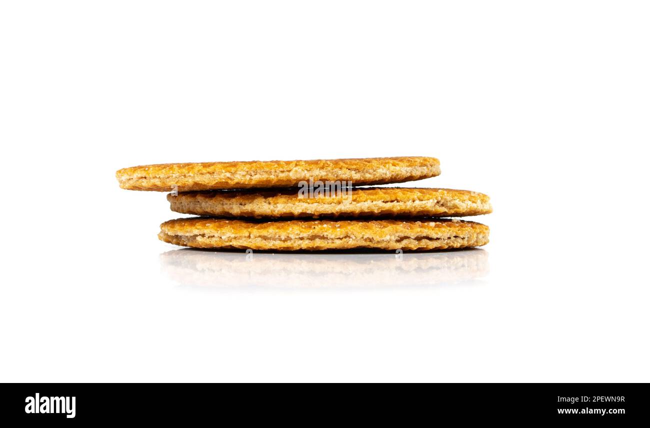 Dutch Waffles, Stroopwafel Cookies, Caramel Waffle, Thin Toffee Biscuit, Dutch Waffles on White Background Side View Stock Photo