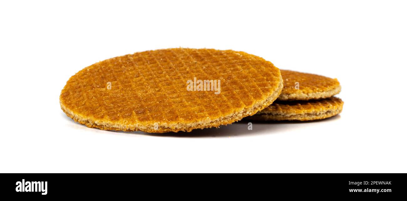Dutch Waffles, Broken Stroopwafel Cookies, Caramel Waffle, Thin Toffee Biscuit, Dutch Waffles on White Background Stock Photo