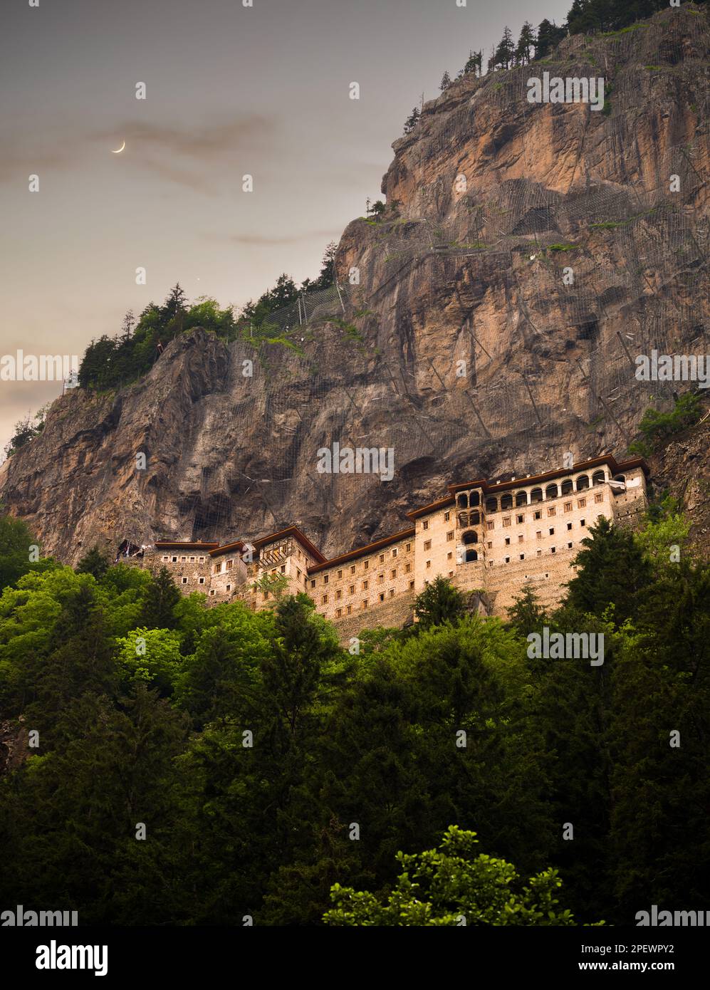 Historical Sumela Monastery at sunset. It is a Greek Orthodox monastery ...