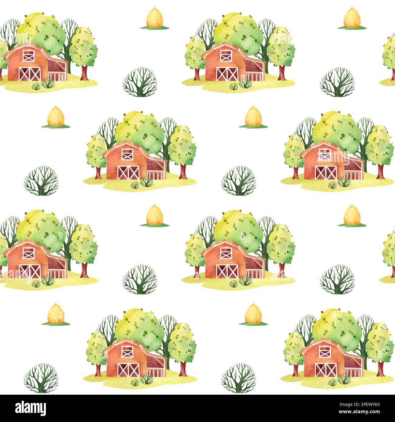watercolor seamless pattern farming. farmland childish seamless pattern. Textiles, posters, postcards, children's products, packaging. Stock Photo