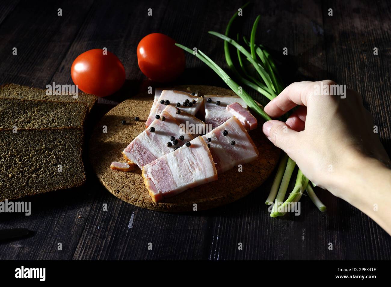 lard with black bread and green onions on a dark background, Russian