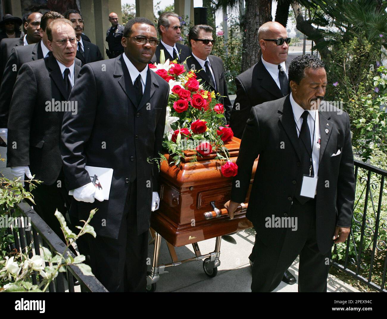 The casket bearing the body of musician Ray Charles is carried from a  memorial service for the musician at the First AME Church in Los Angeles,  Friday, June 18, 2004. Charles died