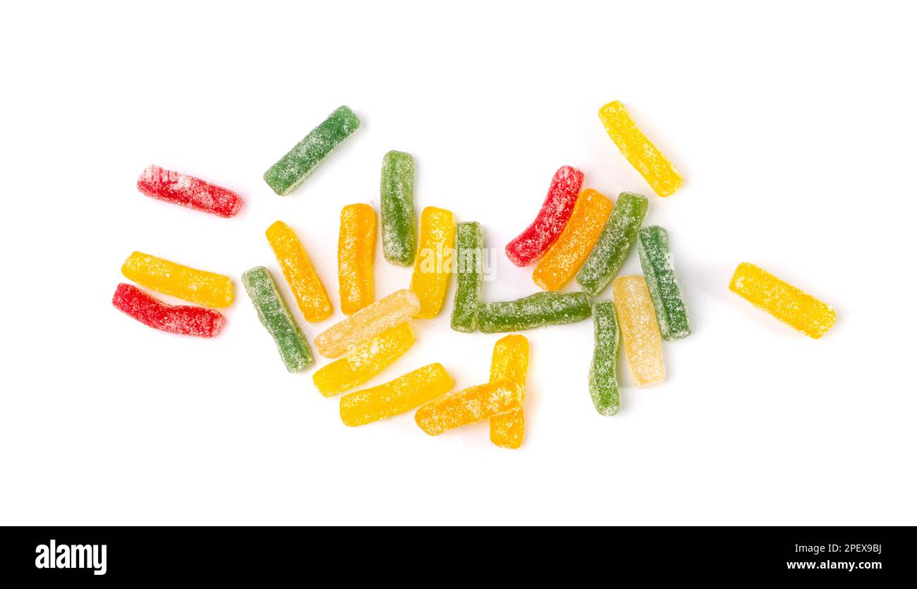 Rainbow Gummy Candy Pile Isolated, Sour Jelly Candies Strips in Sugar