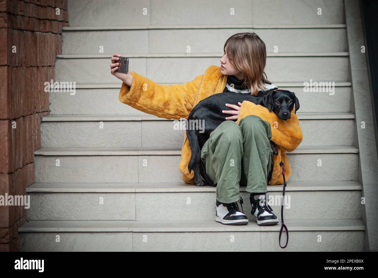 Young pretty woman in a yellow fur coat, social media influencer, sitting on the steps of the building city with her black dog, using smartphone. Stock Photo