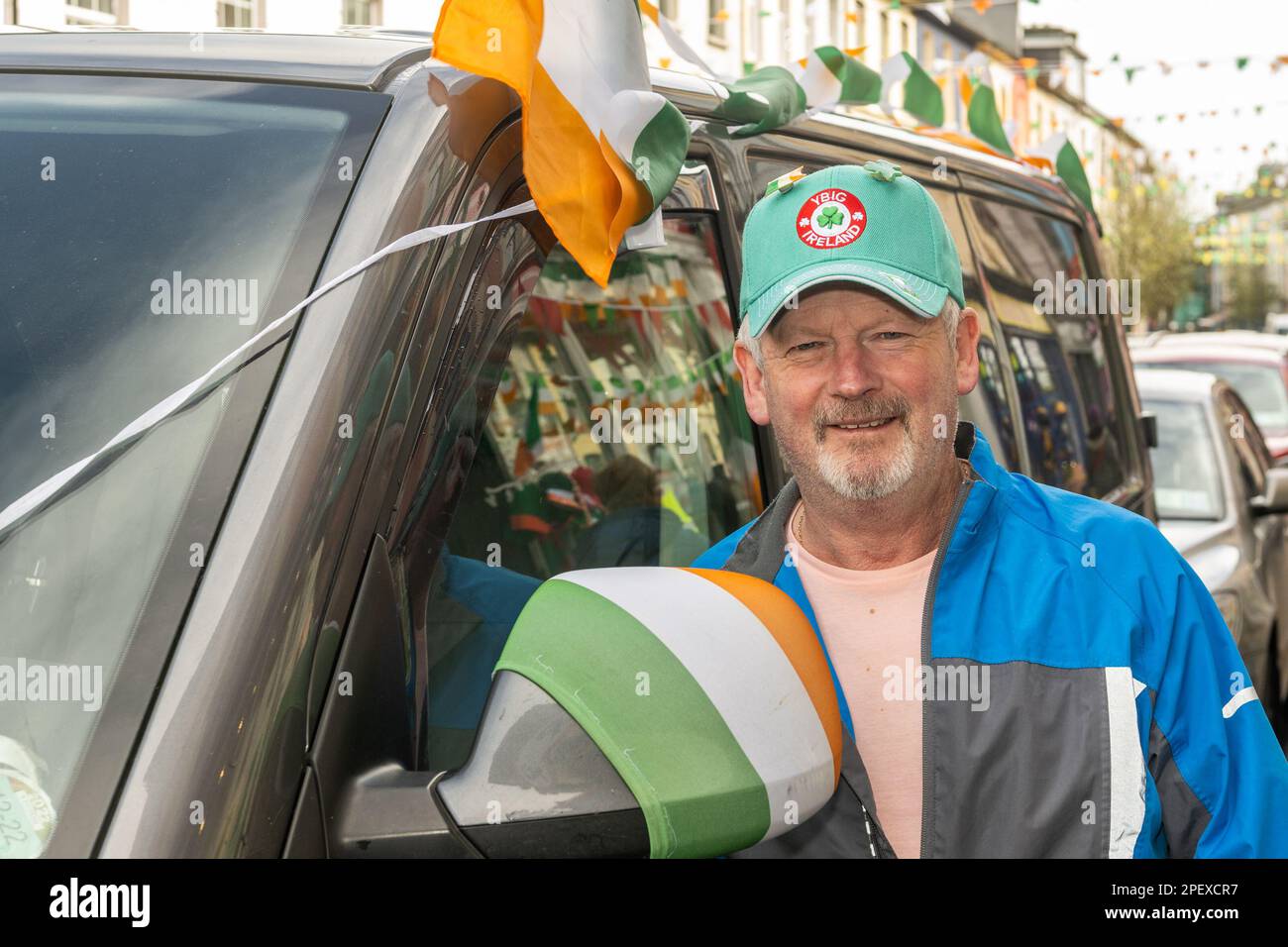 Clonakilty, West Cork, Ireland. 16th Mar, 2023. Preparations are well under way for St. Patrick's Day in the West Cork town of Clonakilty. Dan O'Donovan of 'Dan's Deals 4 You' decorated his van in St. Patrick's Day colours. Credit: AG News/Alamy Live News Stock Photo