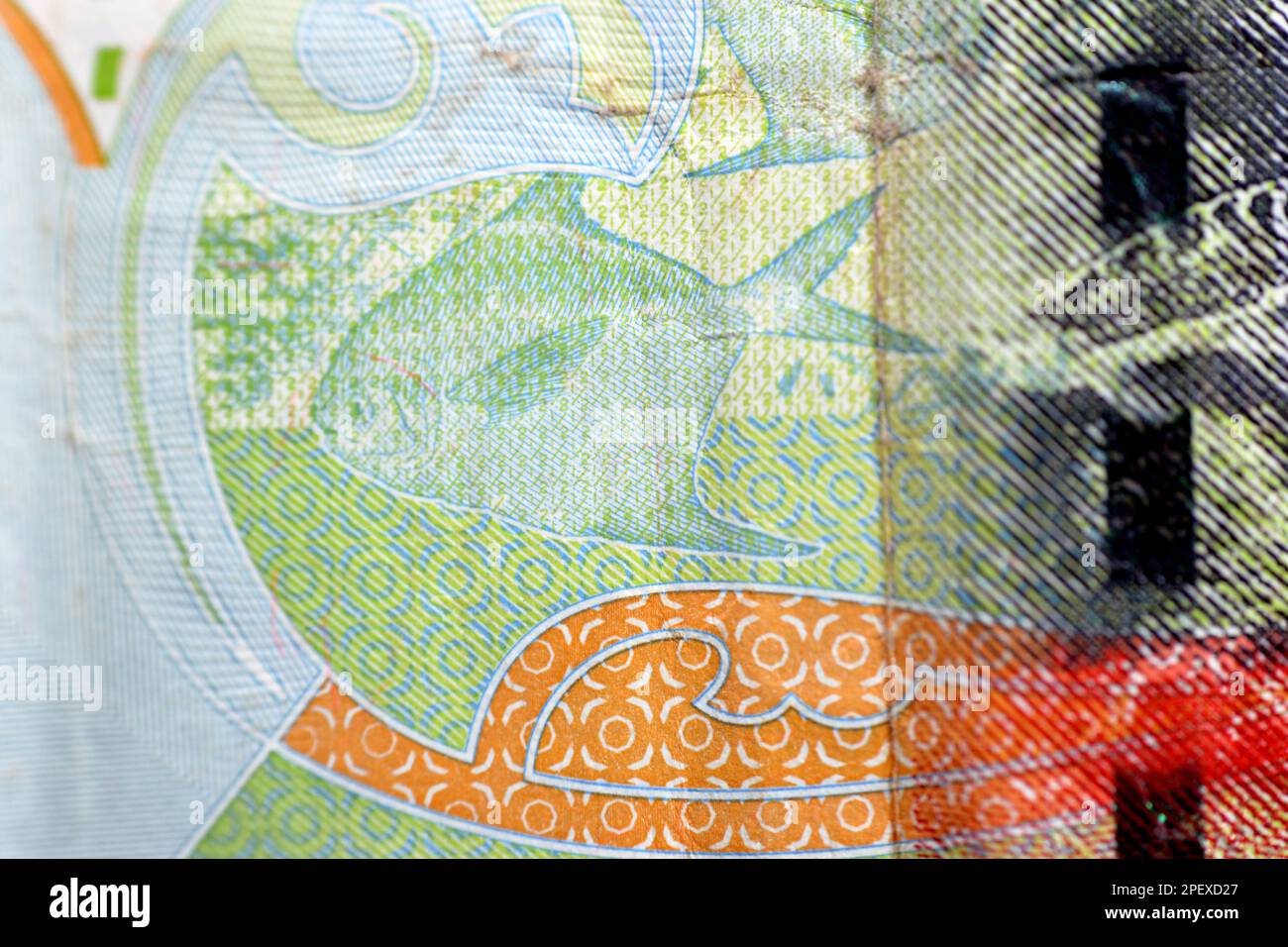 The silver Pomfret fish (Al Zubadi) closeup from the reverse side of Kuwaiti half dinar green paper banknote cash money bill currency  issued 2014 whi Stock Photo