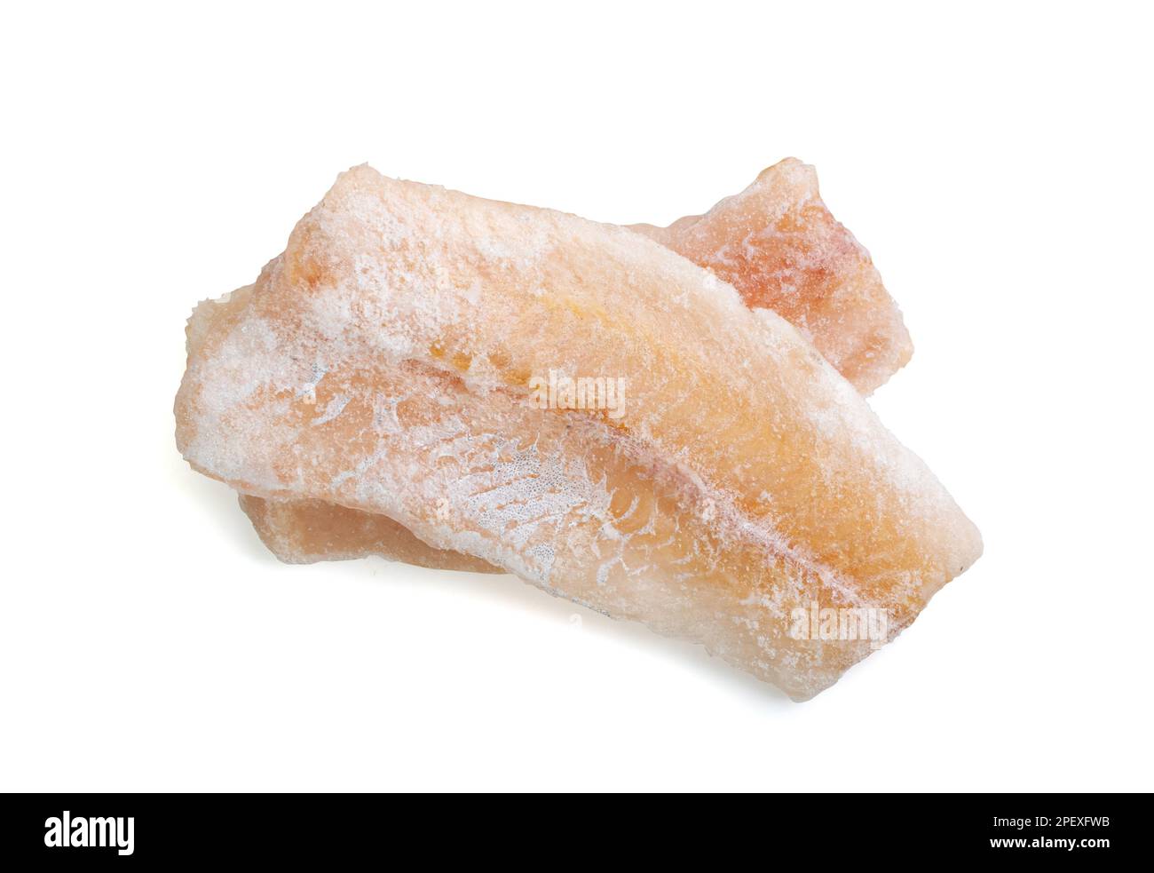 Frozen Fish Isolated, White Cod Fillet, Iced Hake Filet, Frozen Pollock Meat on White Background Stock Photo