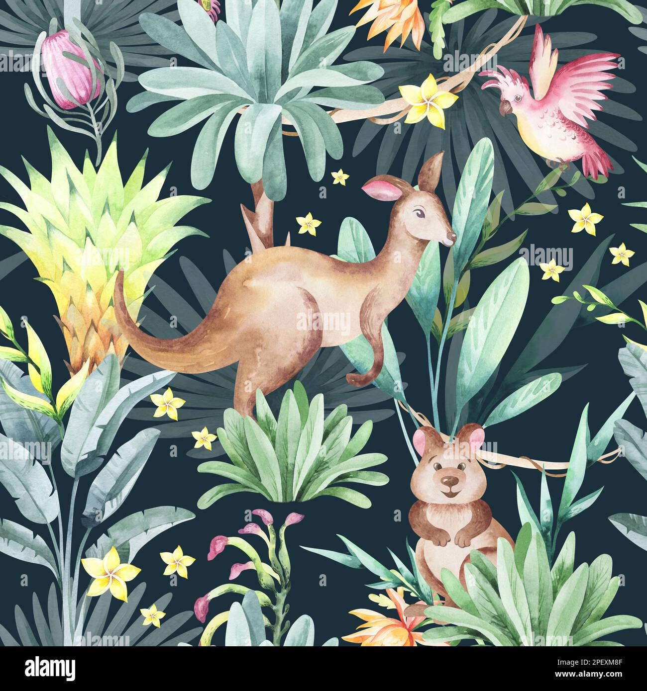 Australia animals seamless pattern with tropical blooming flowers and ...