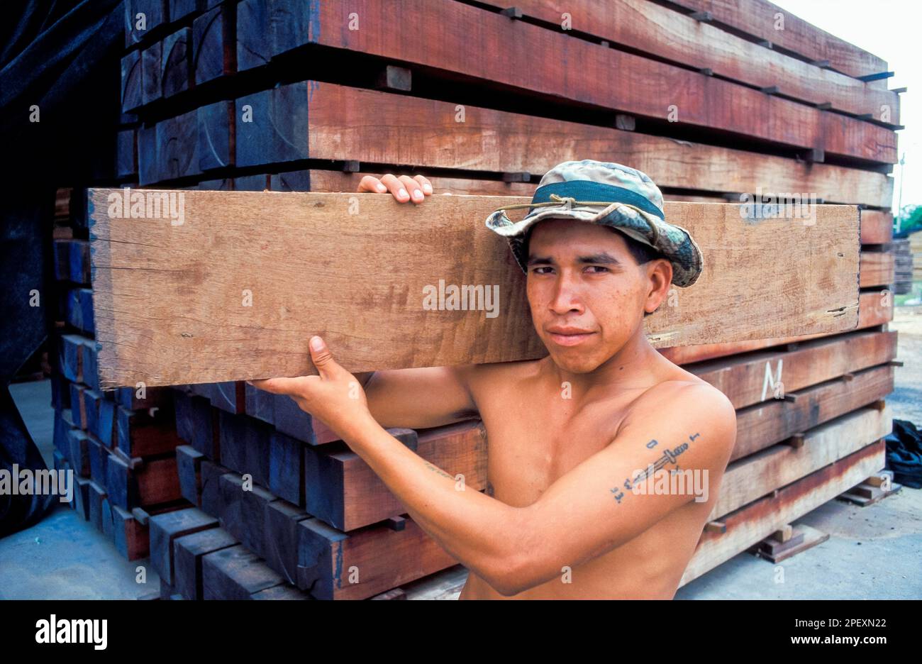 Bolivia, La Paz. An employee is carrying a plank. This wood comes from an ecologically sound forestry. Stock Photo