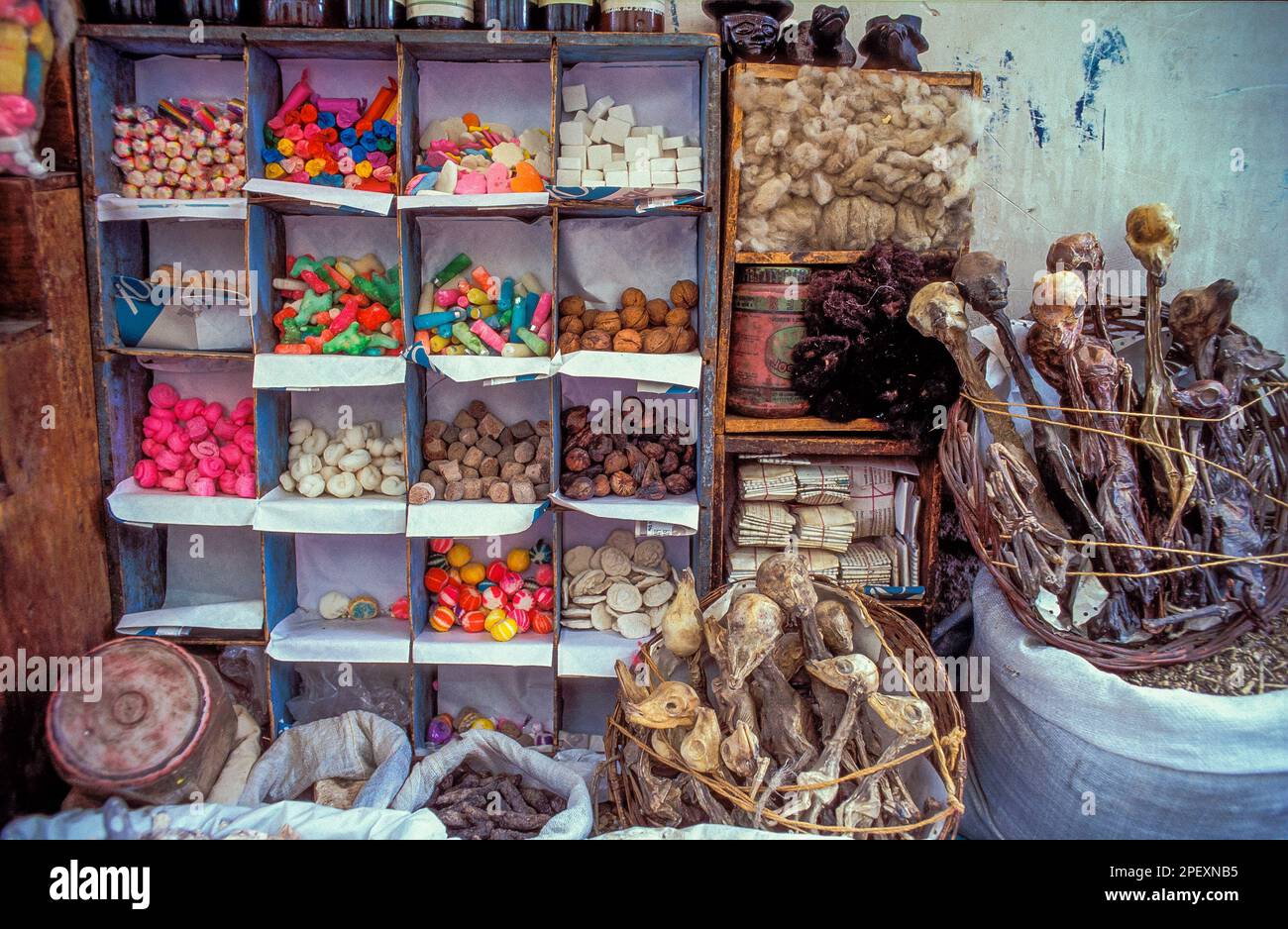 Bolivia, La Paz - Popular tourist destination where so called 'witches' sell roots, dried snakes, frogs, turtles and dried llama fetuses for good luck Stock Photo