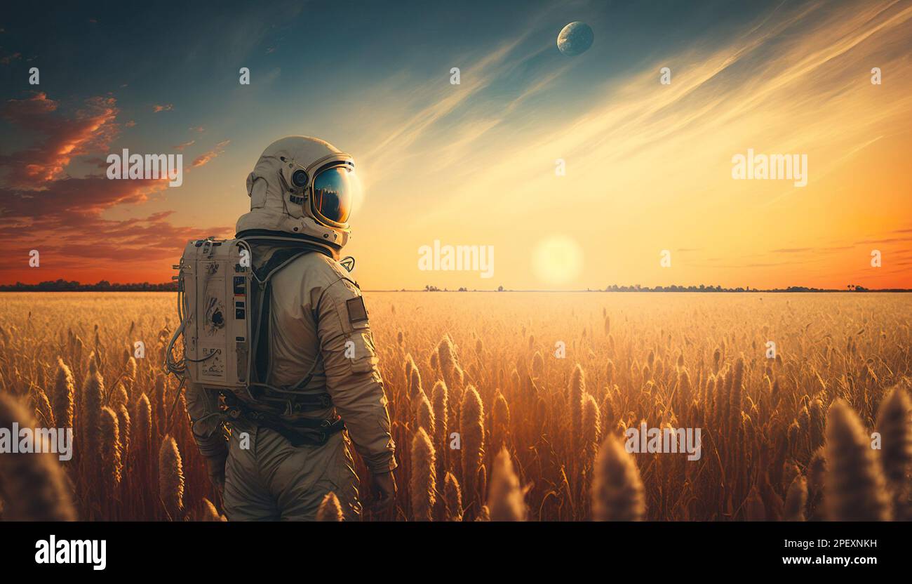 Astronaut in a spacesuit at sunset in a field, generative ai Stock Photo