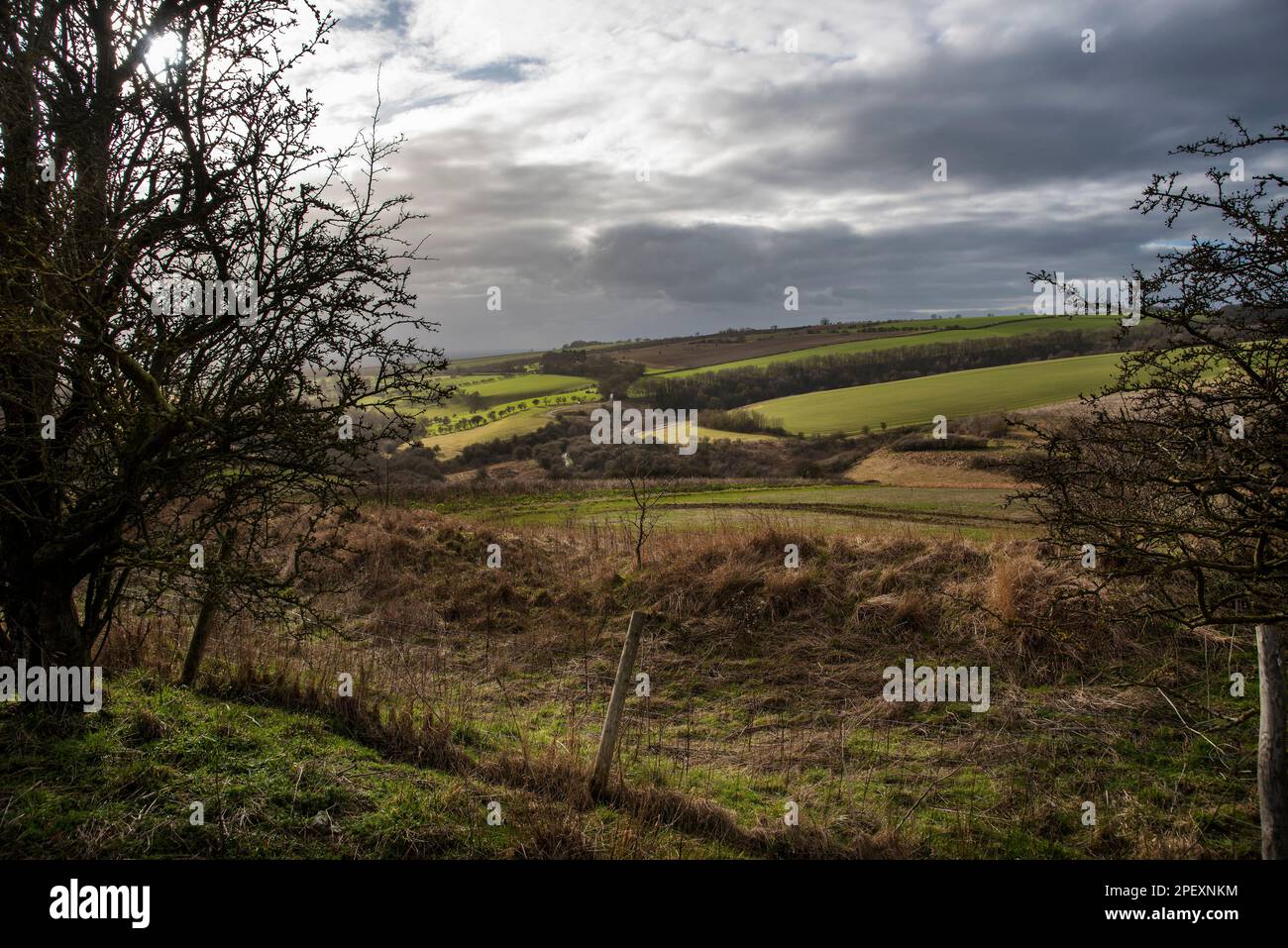 A section of the Yorkshire Wolds Way National Trail between Millington Woods and Huggate in East Yorkshire, UK Stock Photo