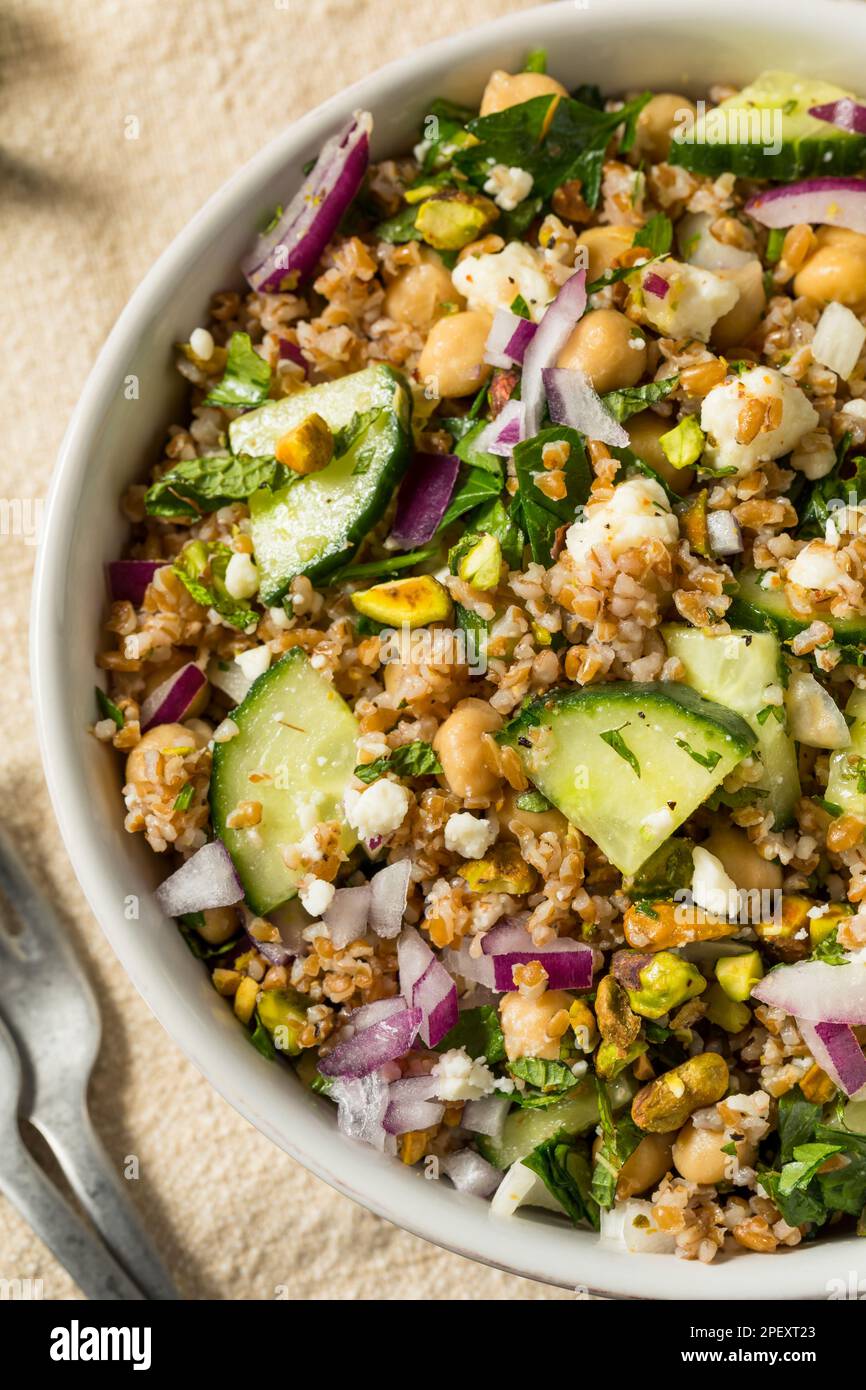 Jennifers Organic Raw Bulgar Wheat Salad with Cucumber and Feta Stock Photo