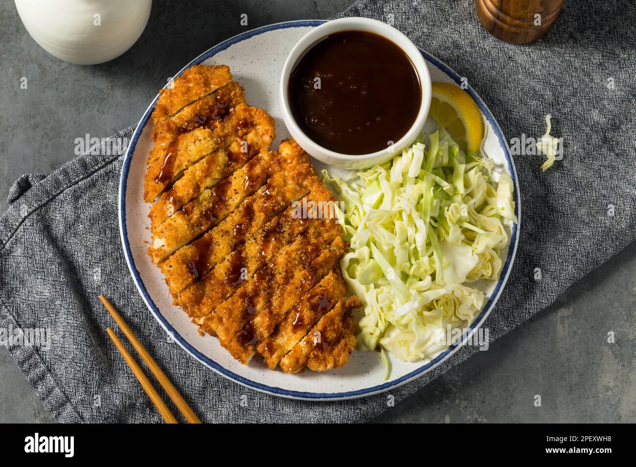 Homemade Japanese Chicken Katsu with Cabbage and Tonkatsu Sauce Stock