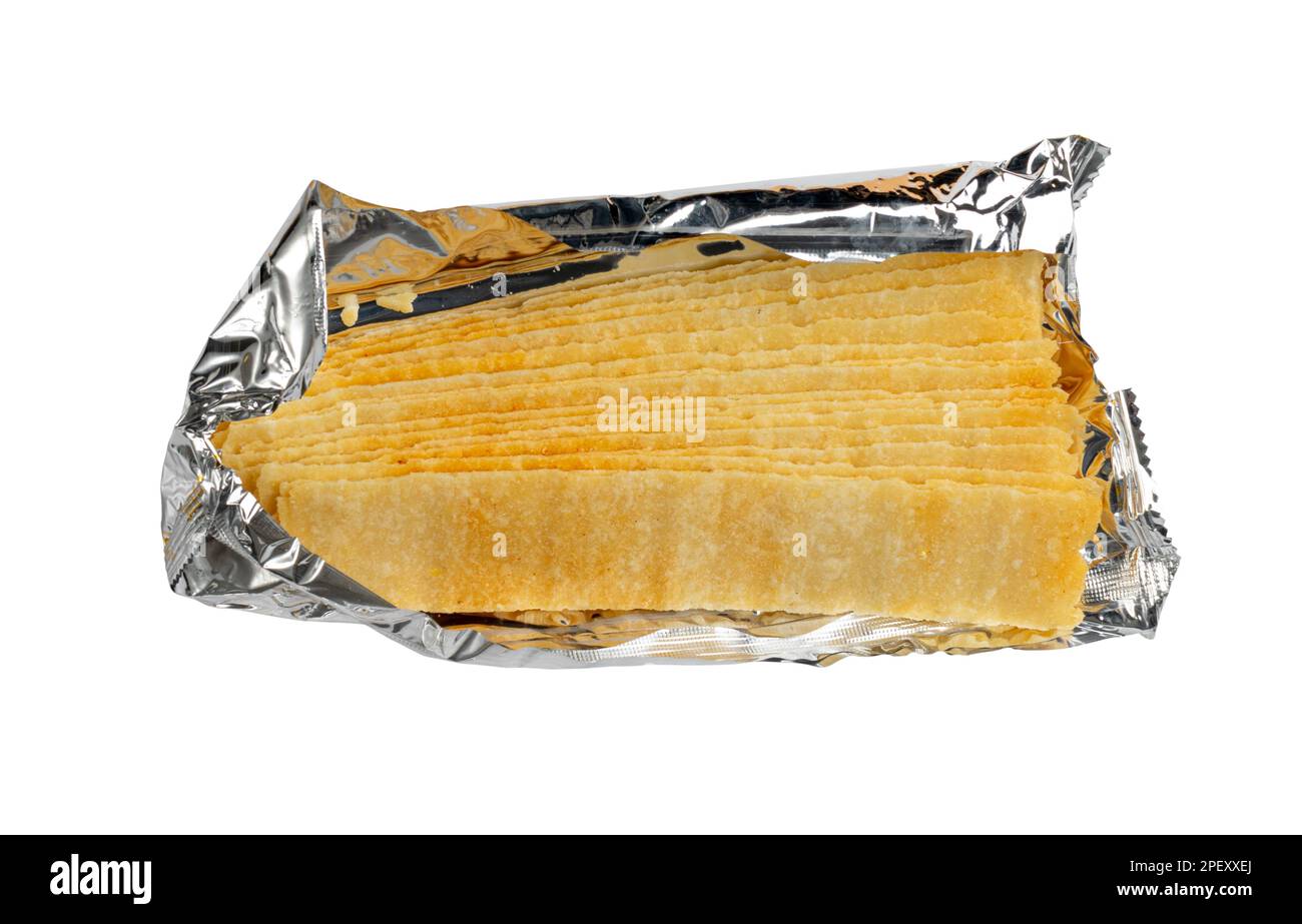 Long Potato Chips in Foil Packaging Isolated. Crispy Thin Potato Snack