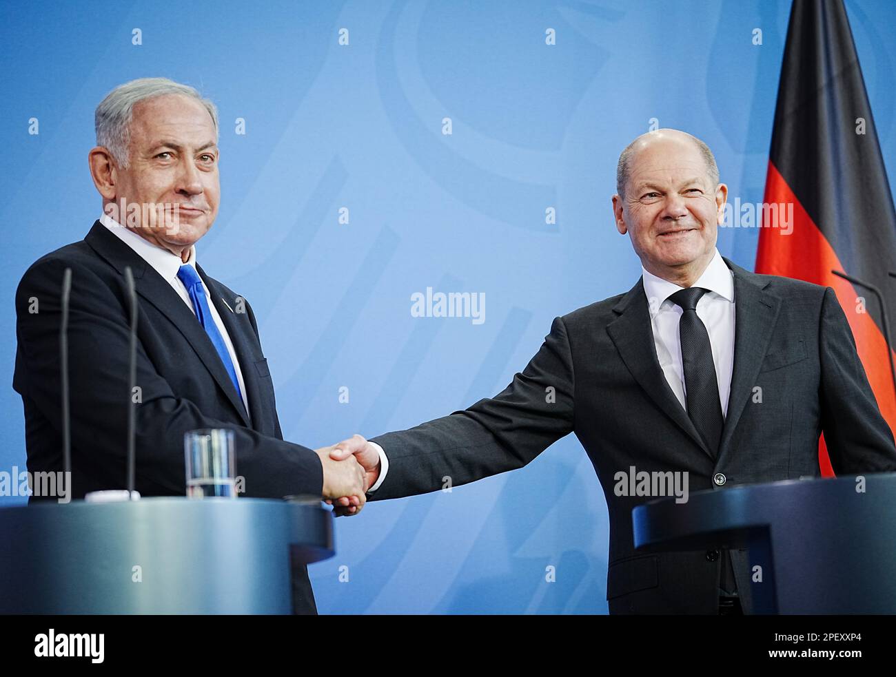 Berlin, Germany. 16th Mar, 2023. German Chancellor Olaf Scholz (SPD, r) and Benjamin Netanyahu, Prime Minister of Israel, hold a press conference at the Federal Chancellery. According to the German government, the talks focused on bilateral cooperation as well as international and regional security issues. Credit: Kay Nietfeld/dpa/Alamy Live News Stock Photo