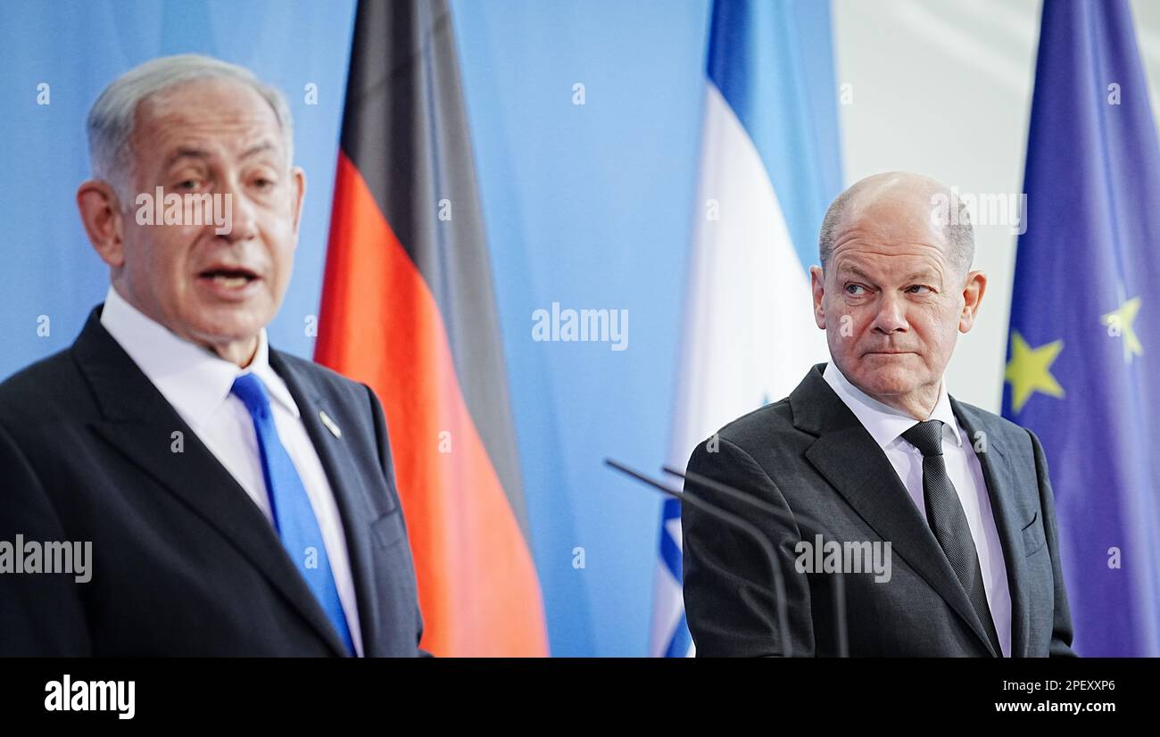 Berlin, Germany. 16th Mar, 2023. German Chancellor Olaf Scholz (SPD, r) and Benjamin Netanyahu, Prime Minister of Israel, hold a press conference at the Federal Chancellery. According to the German government, the talks focused on bilateral cooperation as well as international and regional security issues. Credit: Kay Nietfeld/dpa/Alamy Live News Stock Photo