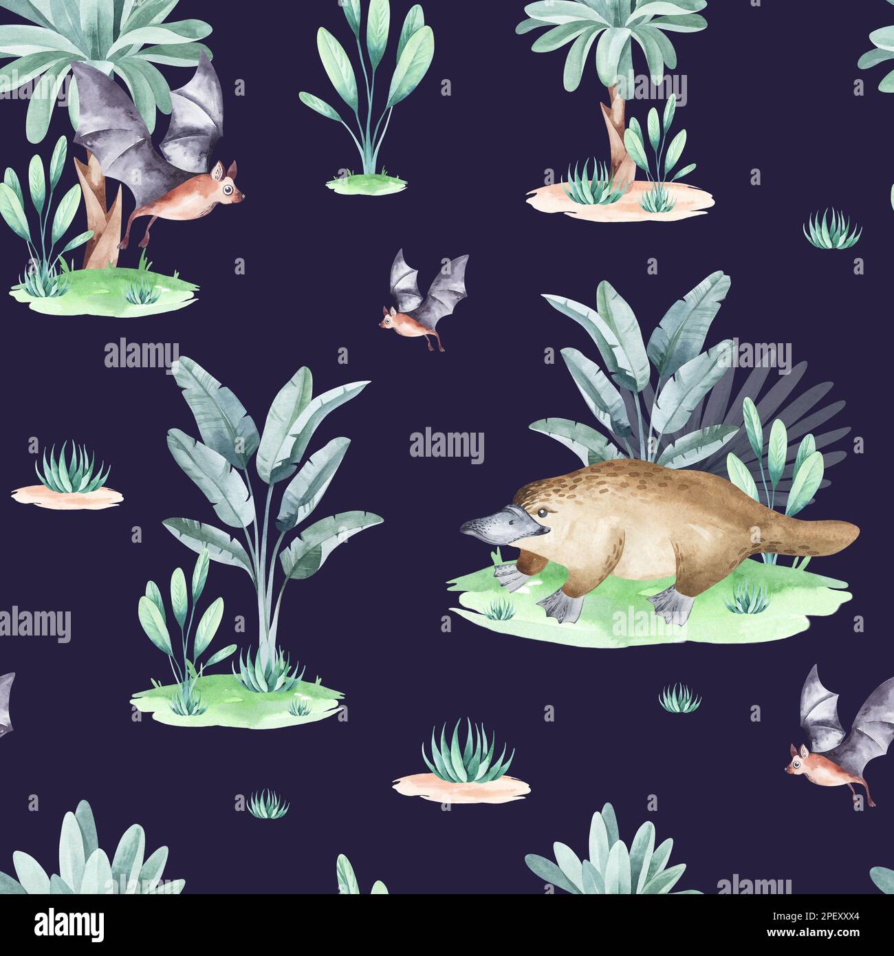 Australia animals seamless pattern with tropical blooming flowers and ...