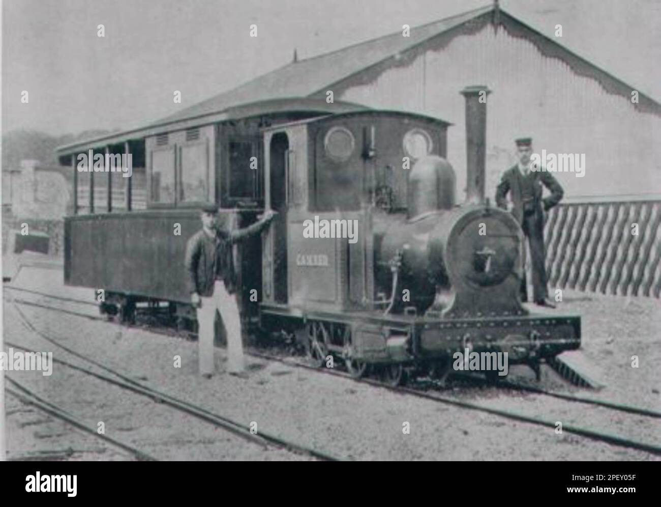 Rye and Camber Tramway - 'Camber' at Rye with the Bagnall coach (1895) Stock Photo