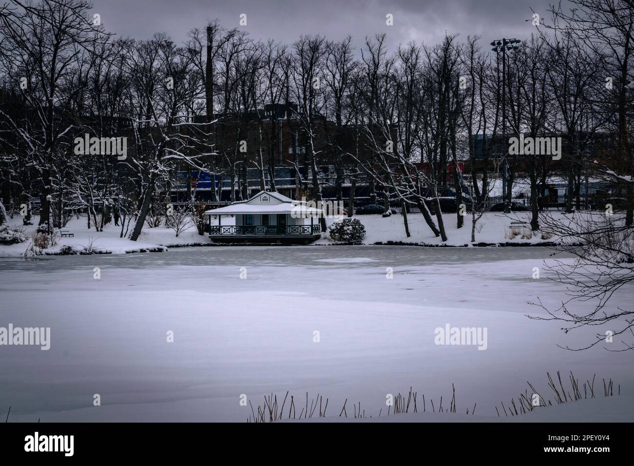 the water fowl house with low roof and patio built over Griffin's Pond