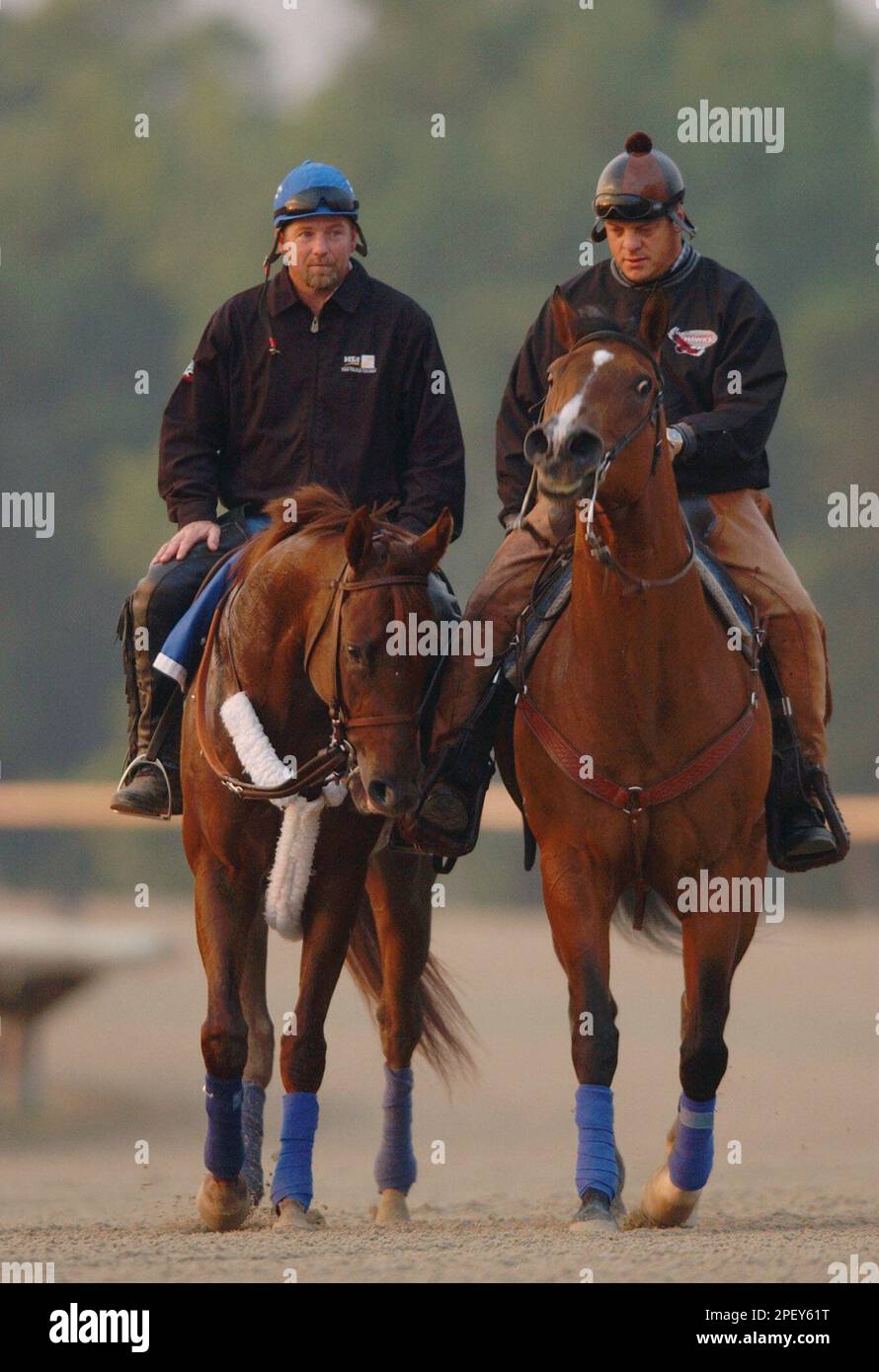 Kentucky Derby and Preakness winner Smarty Jones, left, is walks with