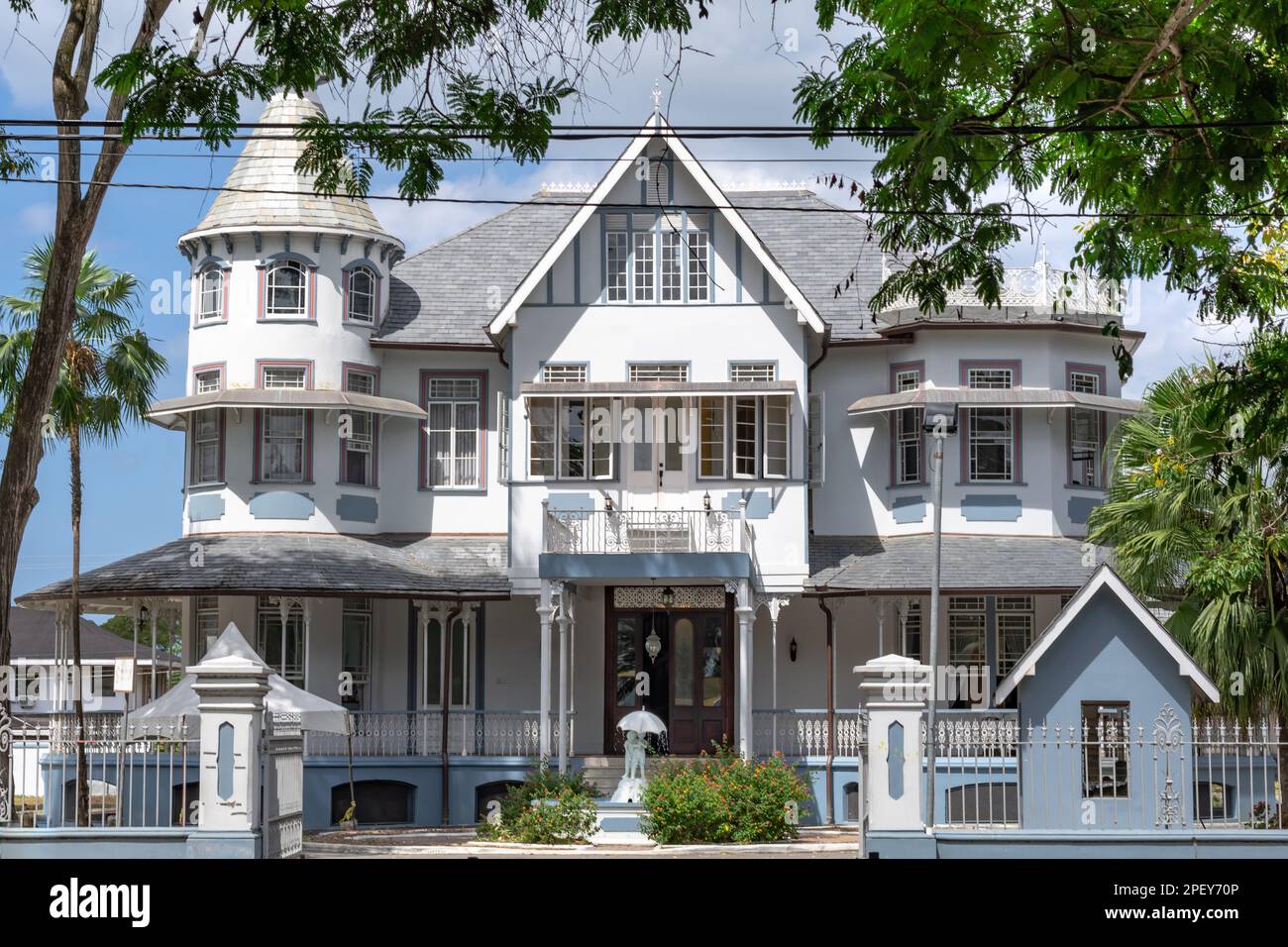 Vintage architecture of a building located in the row of Magnificent Seven, Port of Spain, Trinidad and Tobago. Stock Photo