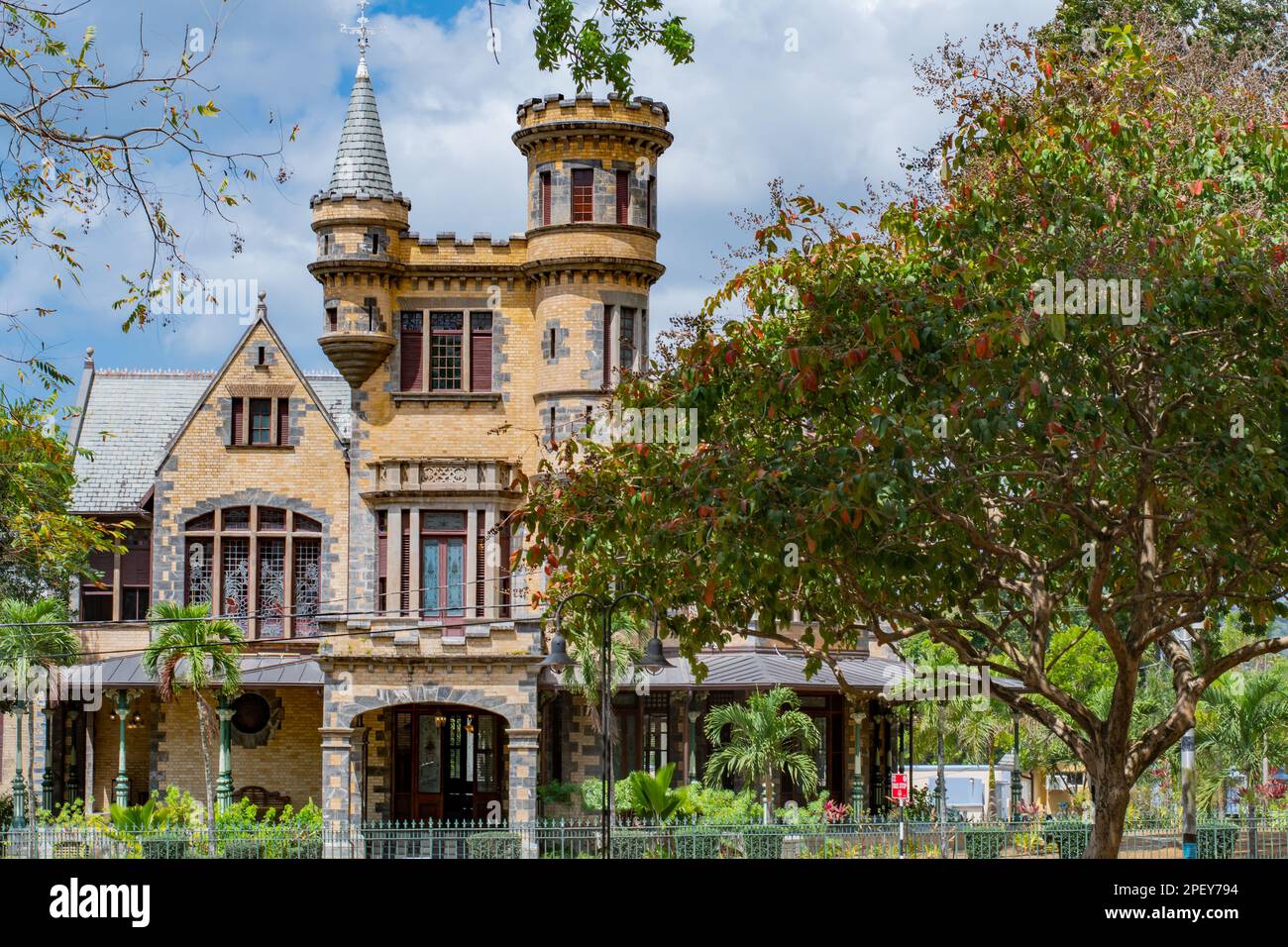Beautiful brick facade of Stollmeyer's Castle, located in Port of Spain, Trinidad and Tobago. Stock Photo