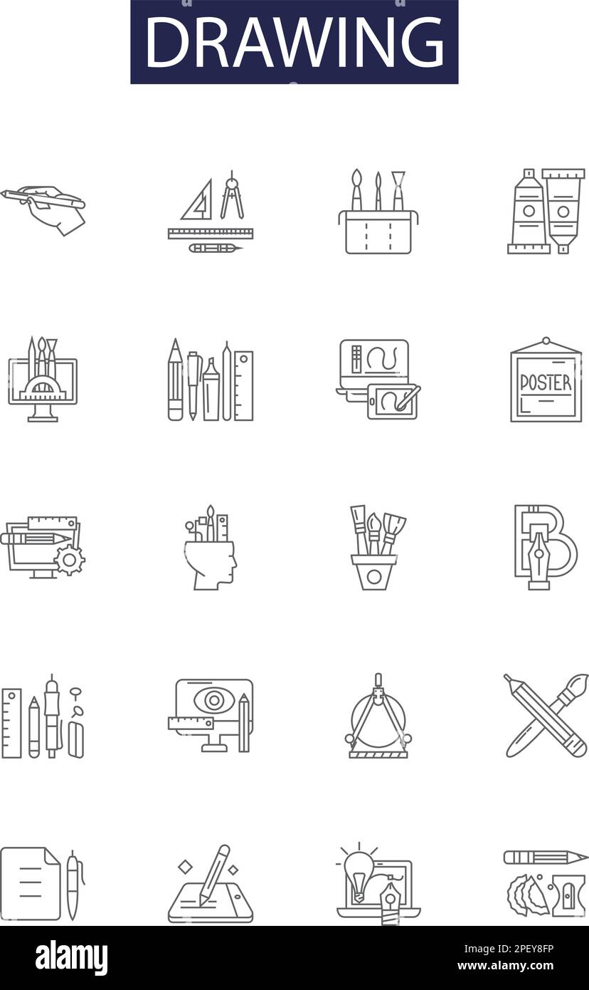 Drawing line vector icons and signs. Painting, Doodling, Artwork, Illustrating, Mark-making, Drafting, Rendering, Cartooning outline vector Stock Vector
