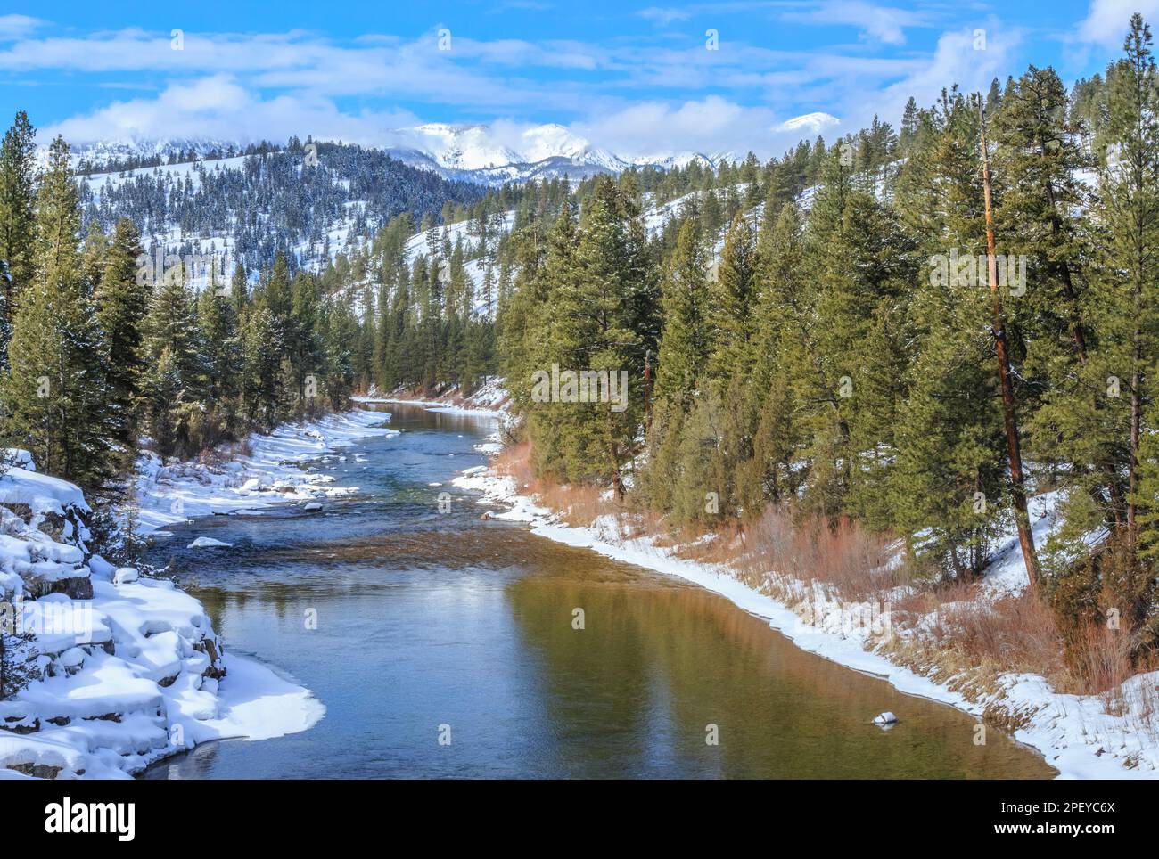 blackfoot river in winter in the johnsrud park recreation corridor near