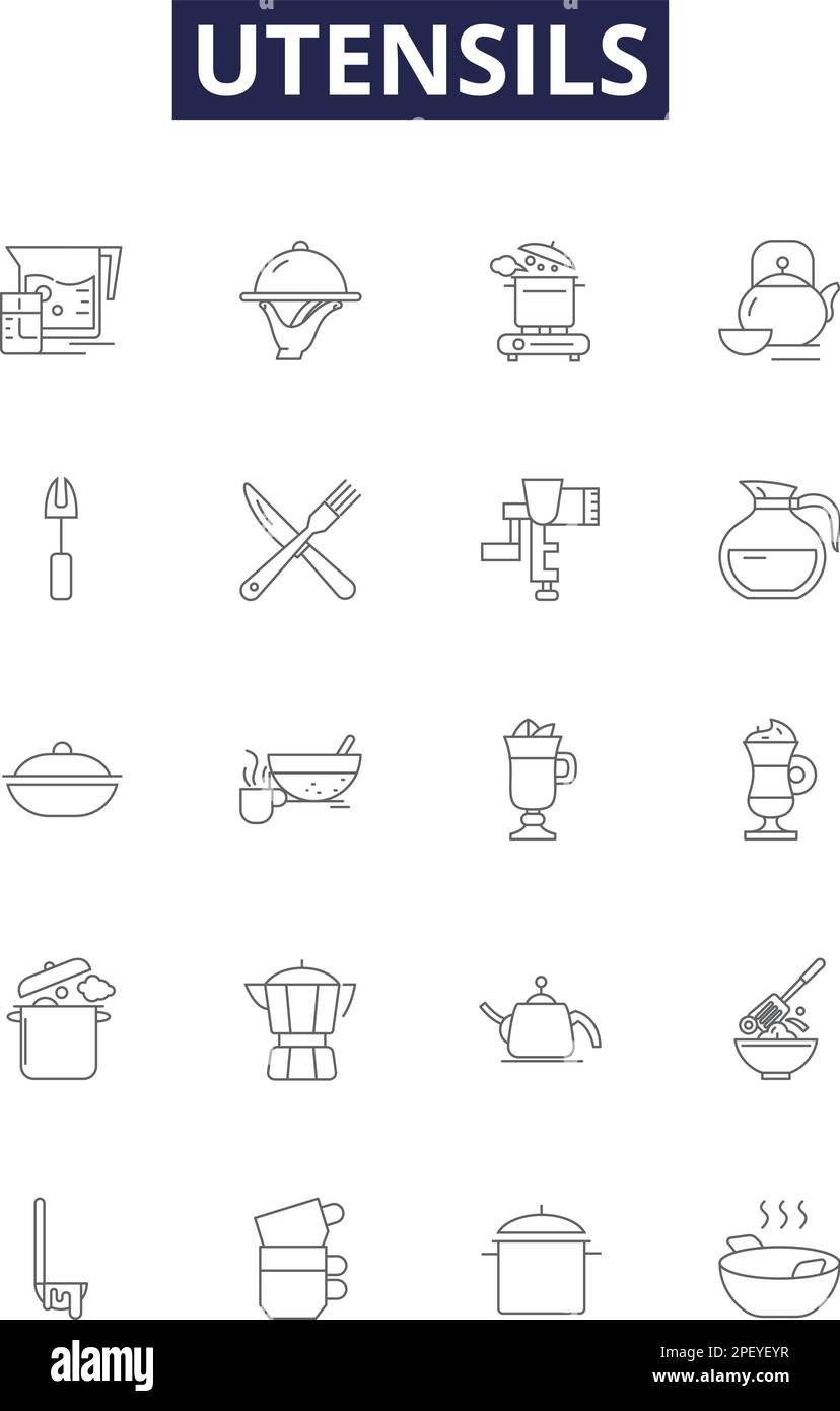 Utensils line vector icons and signs. kitchenware, appliances, tools, pots, pans, dishes, bowls, cups outline vector illustration set Stock Vector