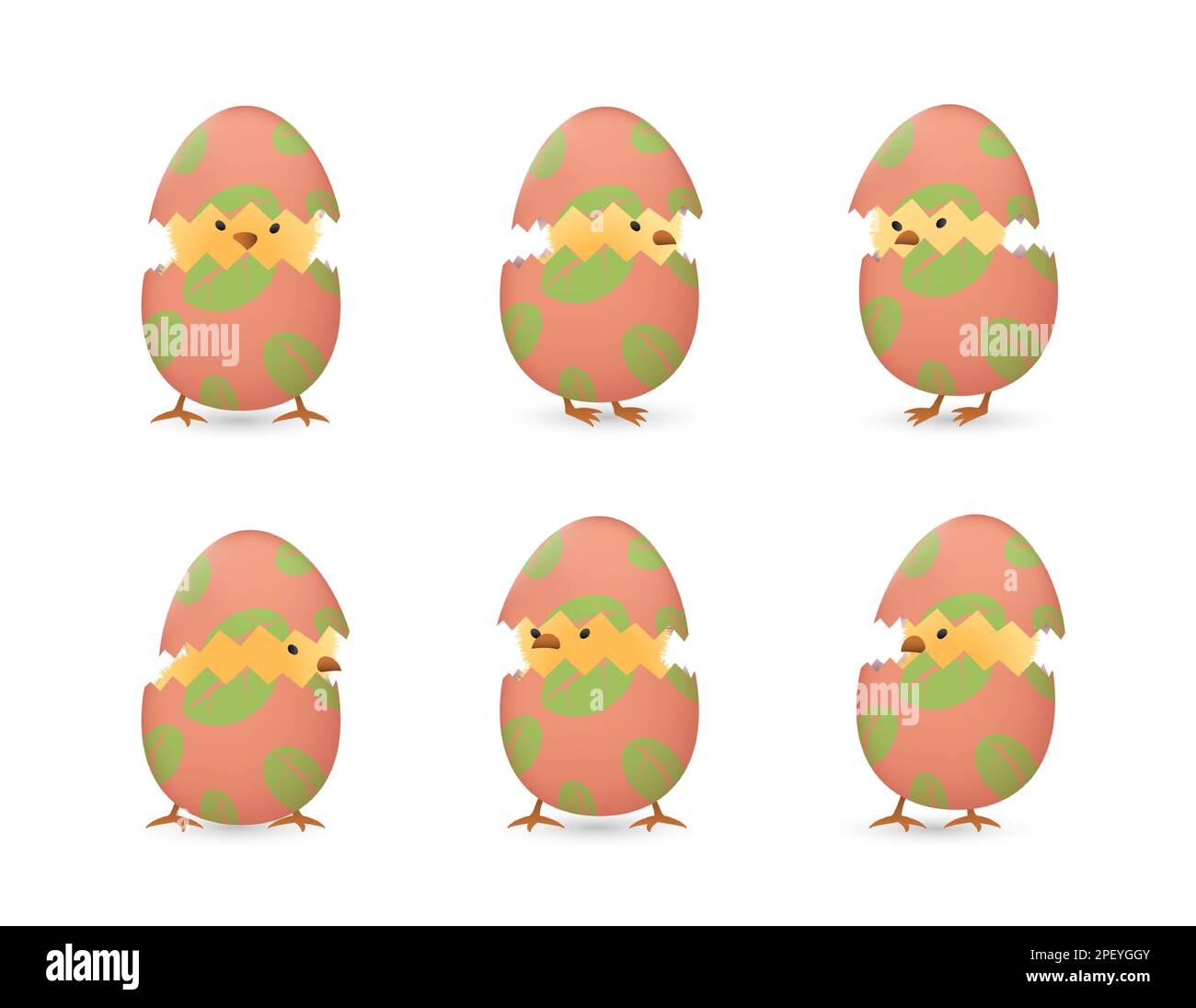 Chicks in broken Easter eggs with leaves set Stock Vector