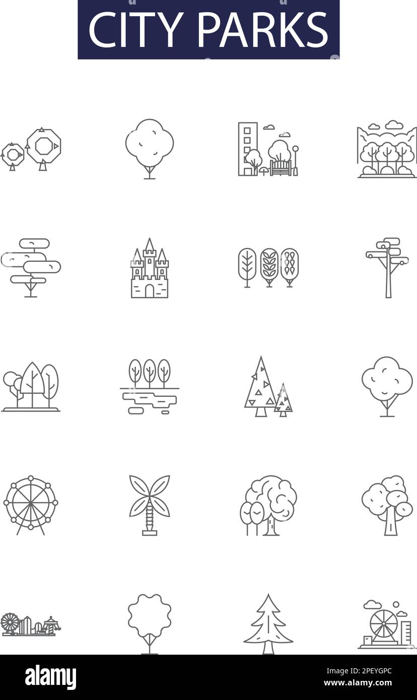 City parks line vector icons and signs. Parks, Recreation, Green, Spaces, Playground, Walking, City, Trees outline vector illustration set Stock Vector