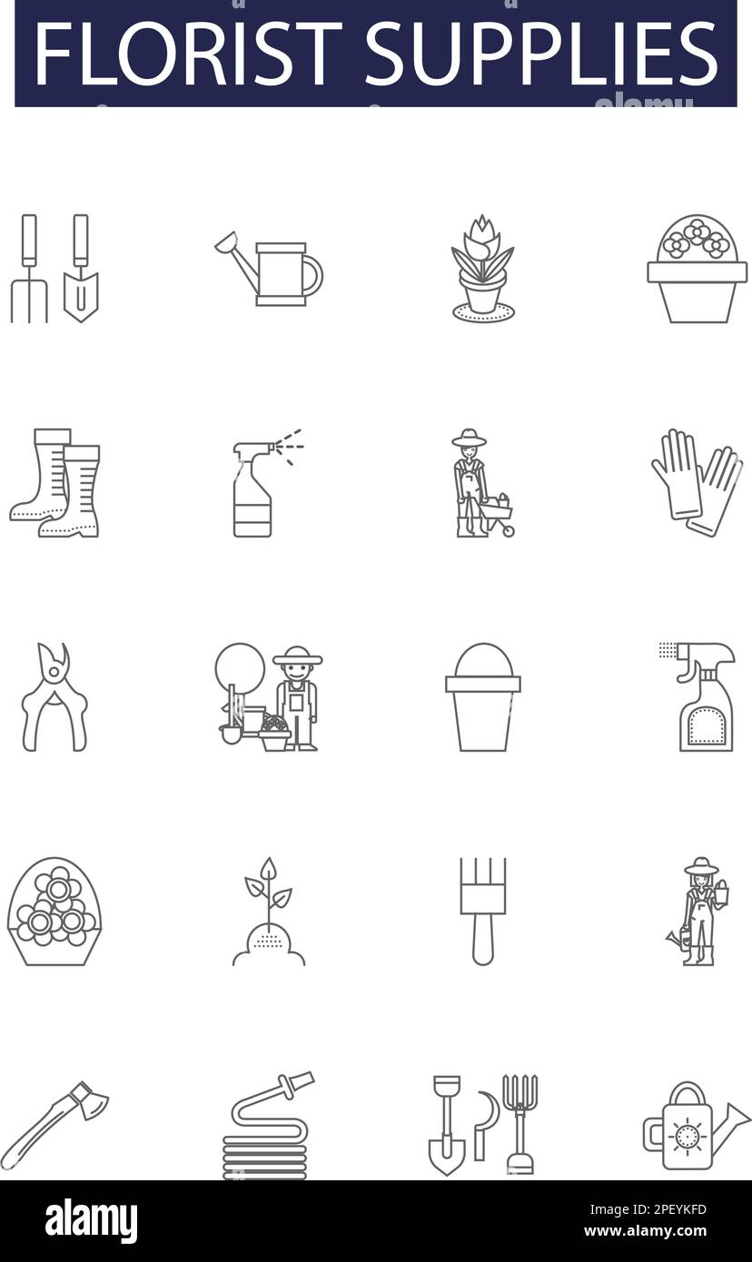 Florist supplies line vector icons and signs. Bouquets, Flowerpots ...