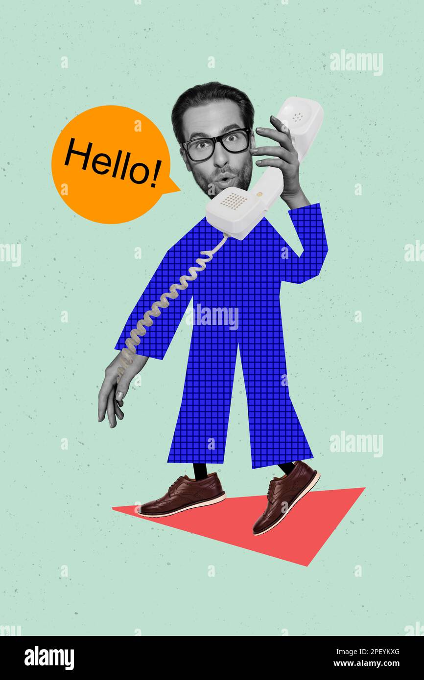 Artwork magazine collage picture of impressed funky guy answering cable