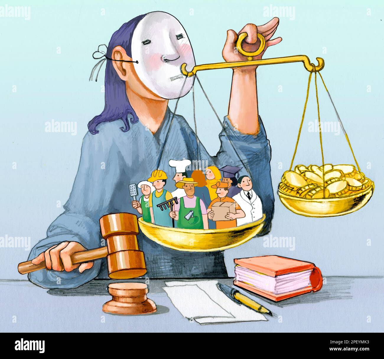 a judge with a mask weighing workers and money on a scale  photoshop illustration Stock Photo