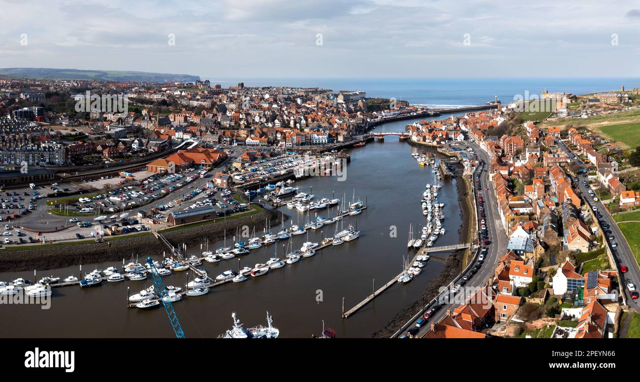 WHITBY, UK MARCH 12, 2023. An aerial landscape of the harbour and