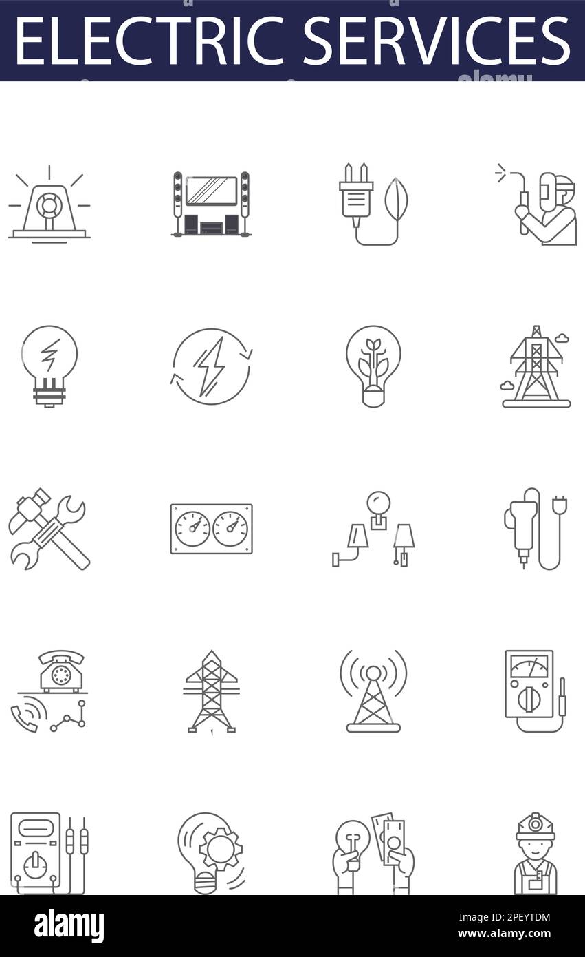 Electric services line vector icons and signs. Services, Power, Energy, Supply, Volt, Wiring, Cabling, Outlet outline vector illustration set Stock Vector