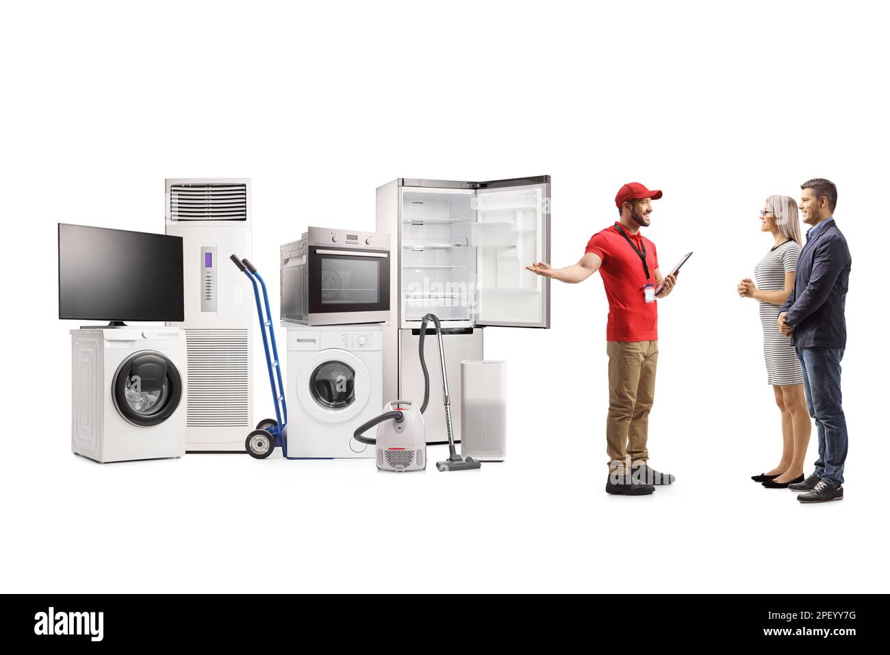 Appliance sales associate showing electrical appliances to a young man