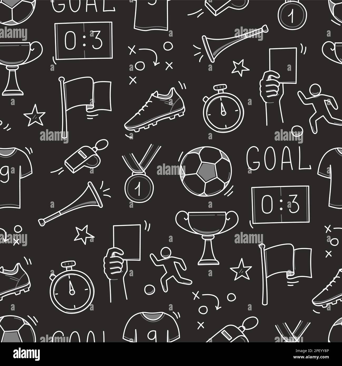 Soccer doodle seamless pattern. Football goal, award cup, whistle hand