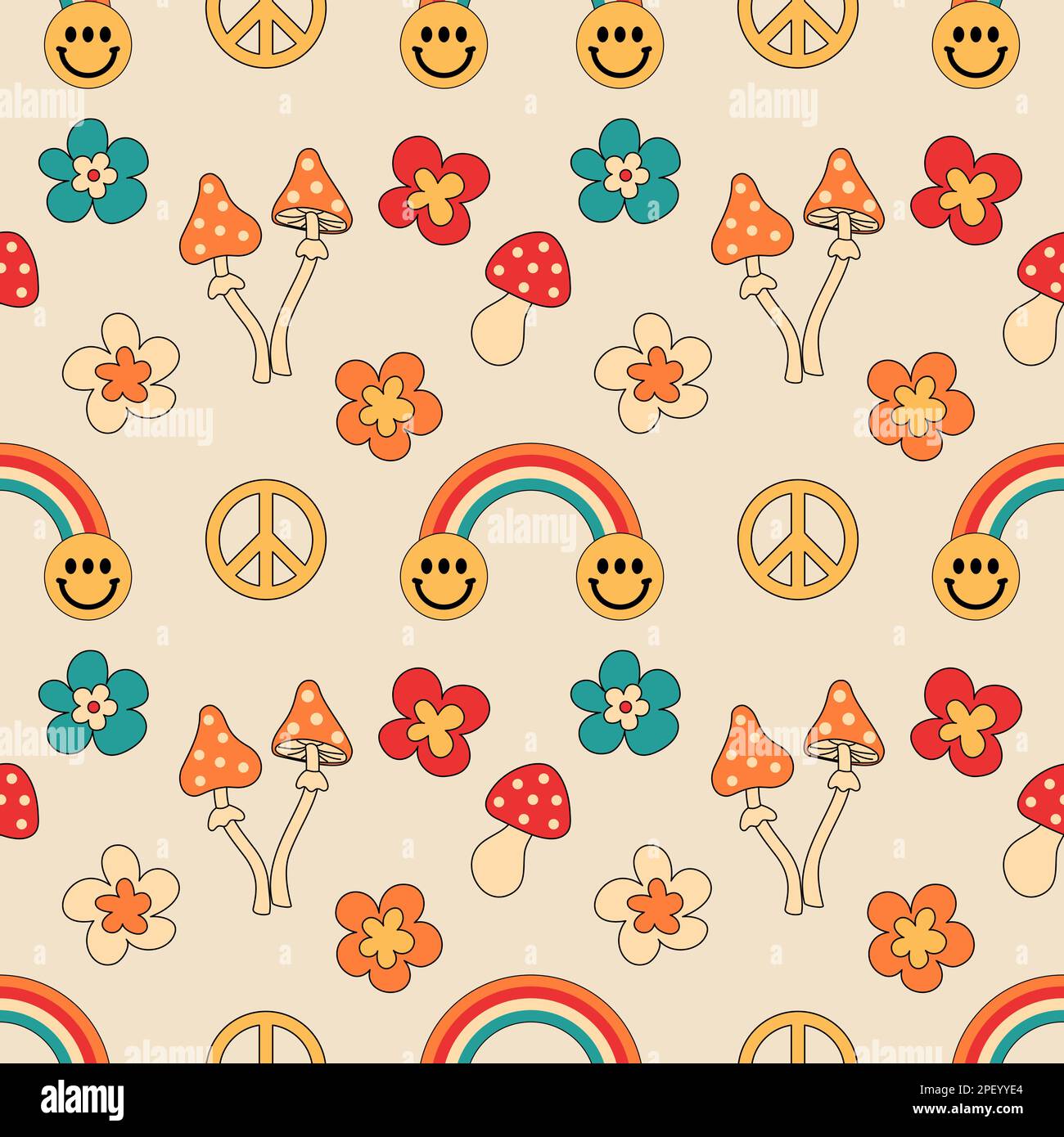 Retro groovy party elements seamless vector pattern Stock Vector