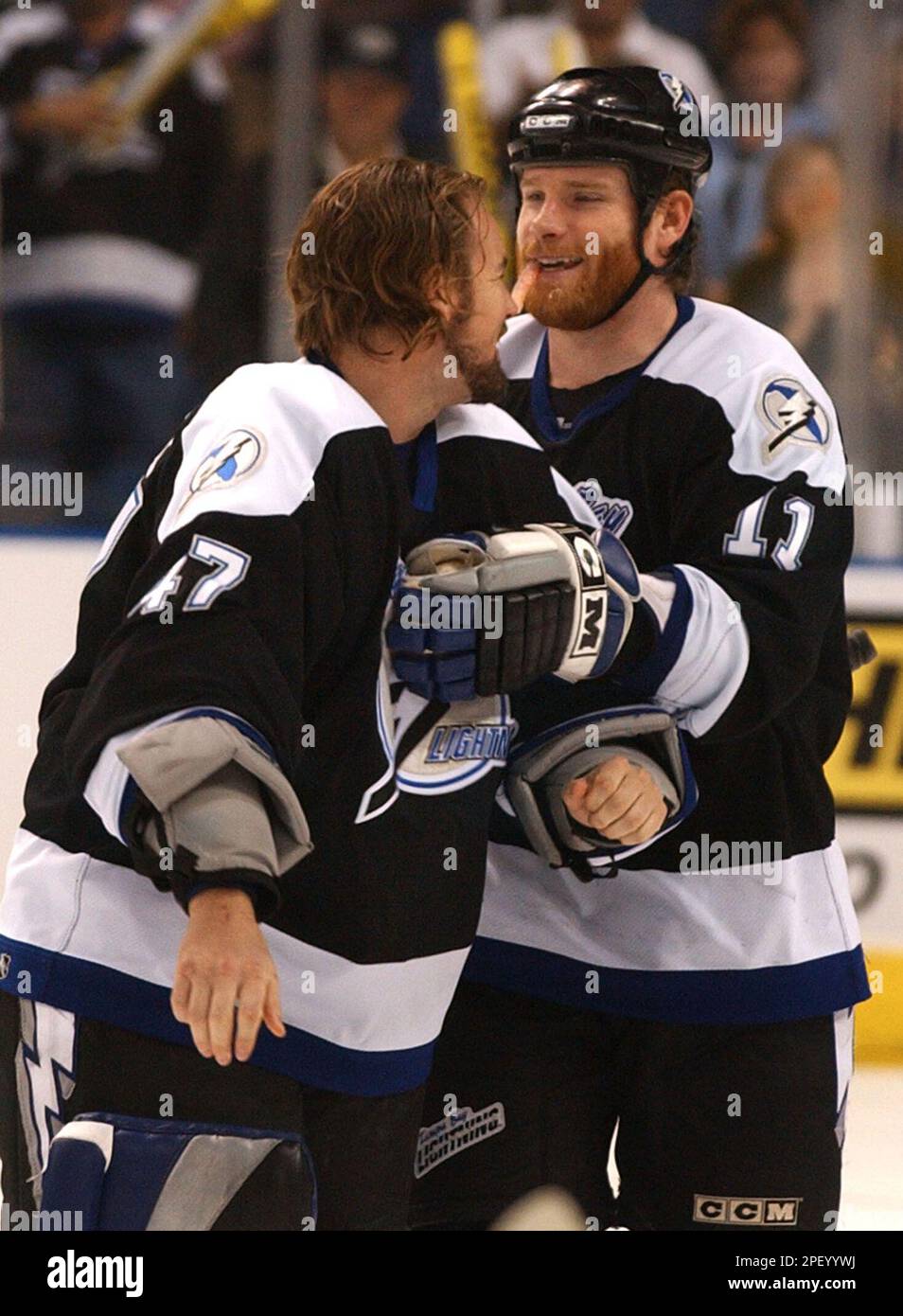 Tampa Bay Lightning back up goaltender John Grahame, left