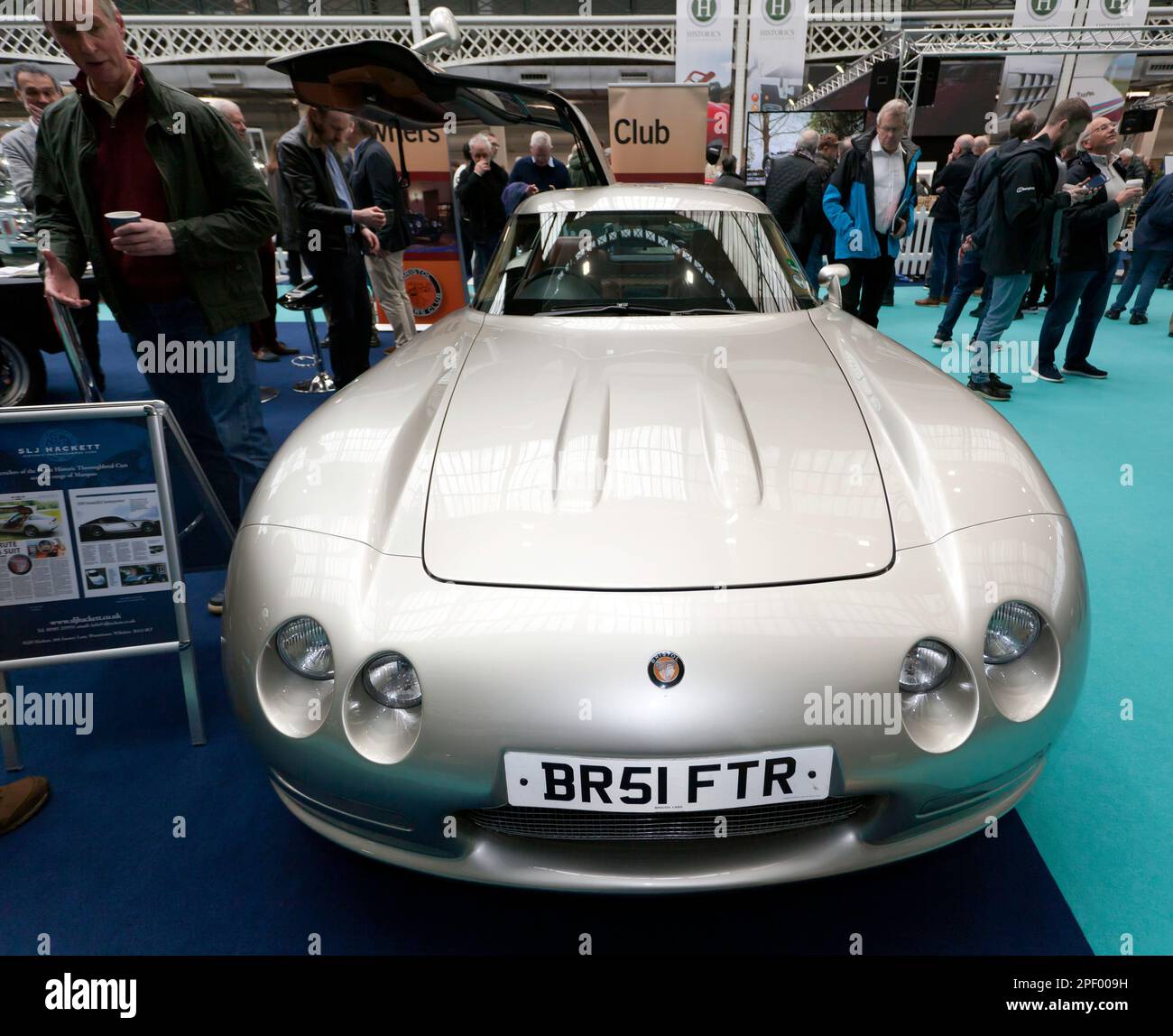 Front view of a Silver, 2005, Bristol Fighter, on display at the Bristol Owners Club Stand, during the 2023 London Classic Car Show. Stock Photo