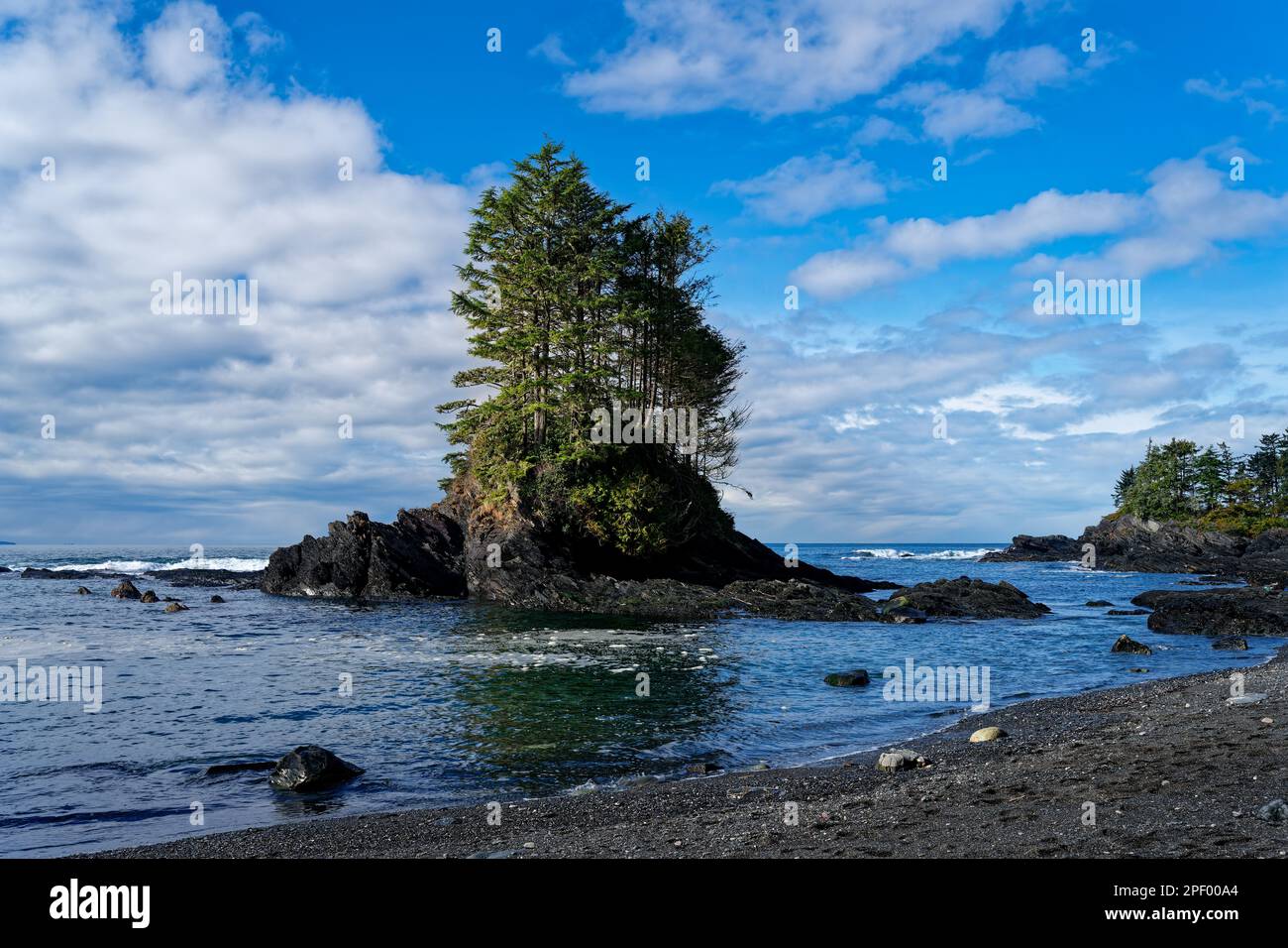 A scenic view of a black sandy beach of botany bay with an island with ...