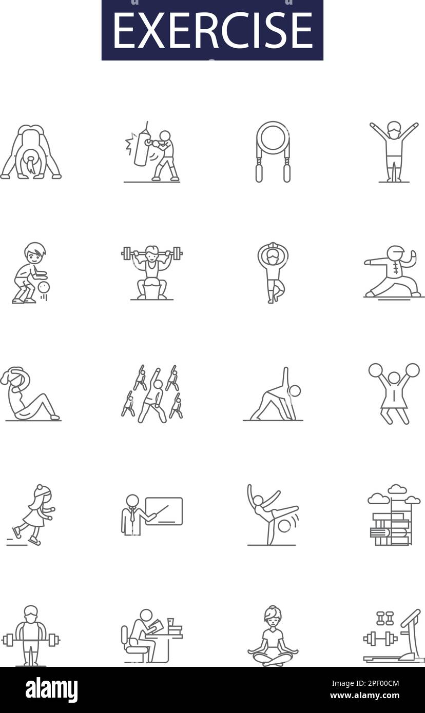 Exercise line vector icons and signs. Exercise, Gym, Fitness, Aerobics, Jogging, Running, Training, Pilates outline vector illustration set Stock Vector