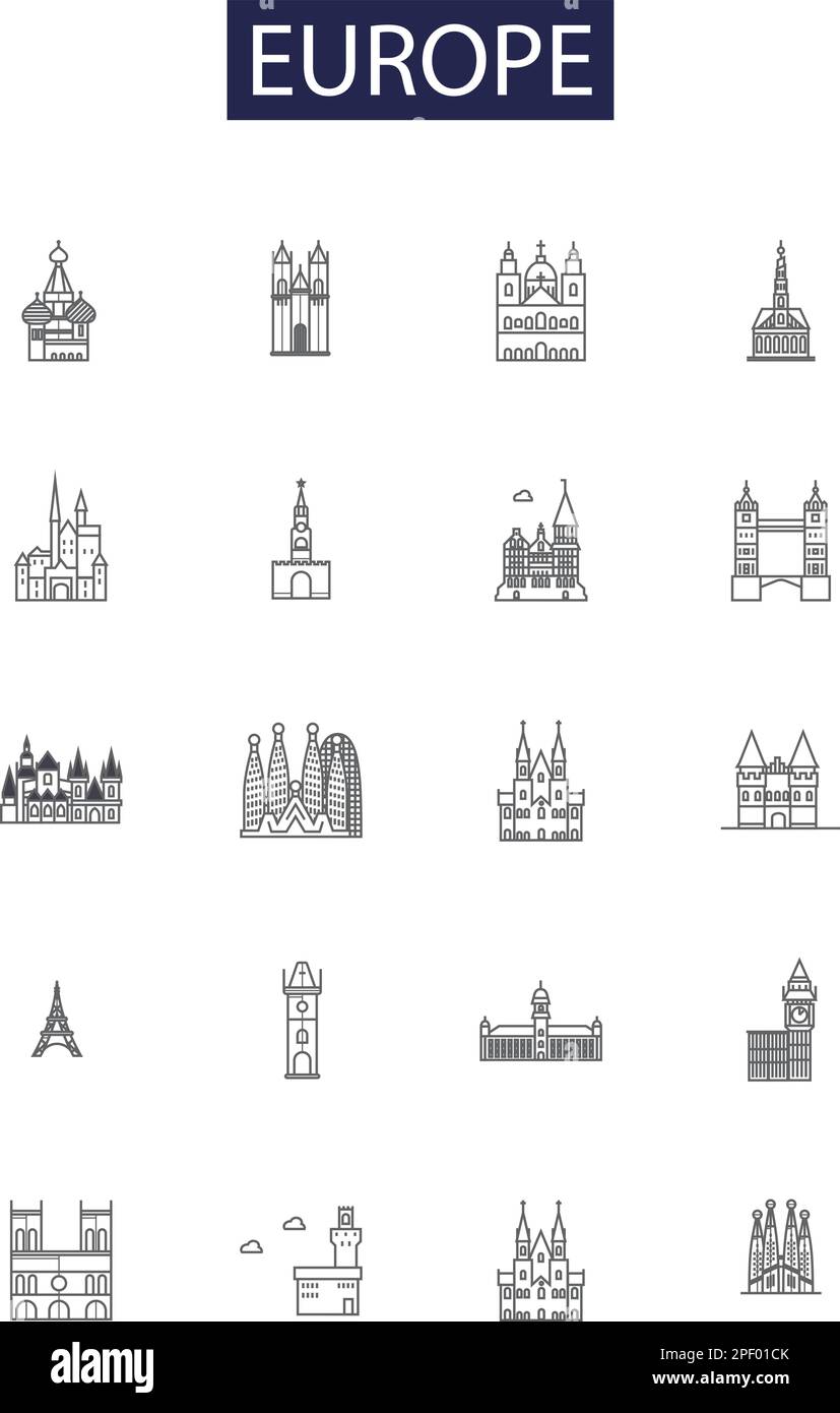 Europe line vector icons and signs. continent, Countries, Geography, Map, European, Travel, Historic, Culture outline vector illustration set Stock Vector