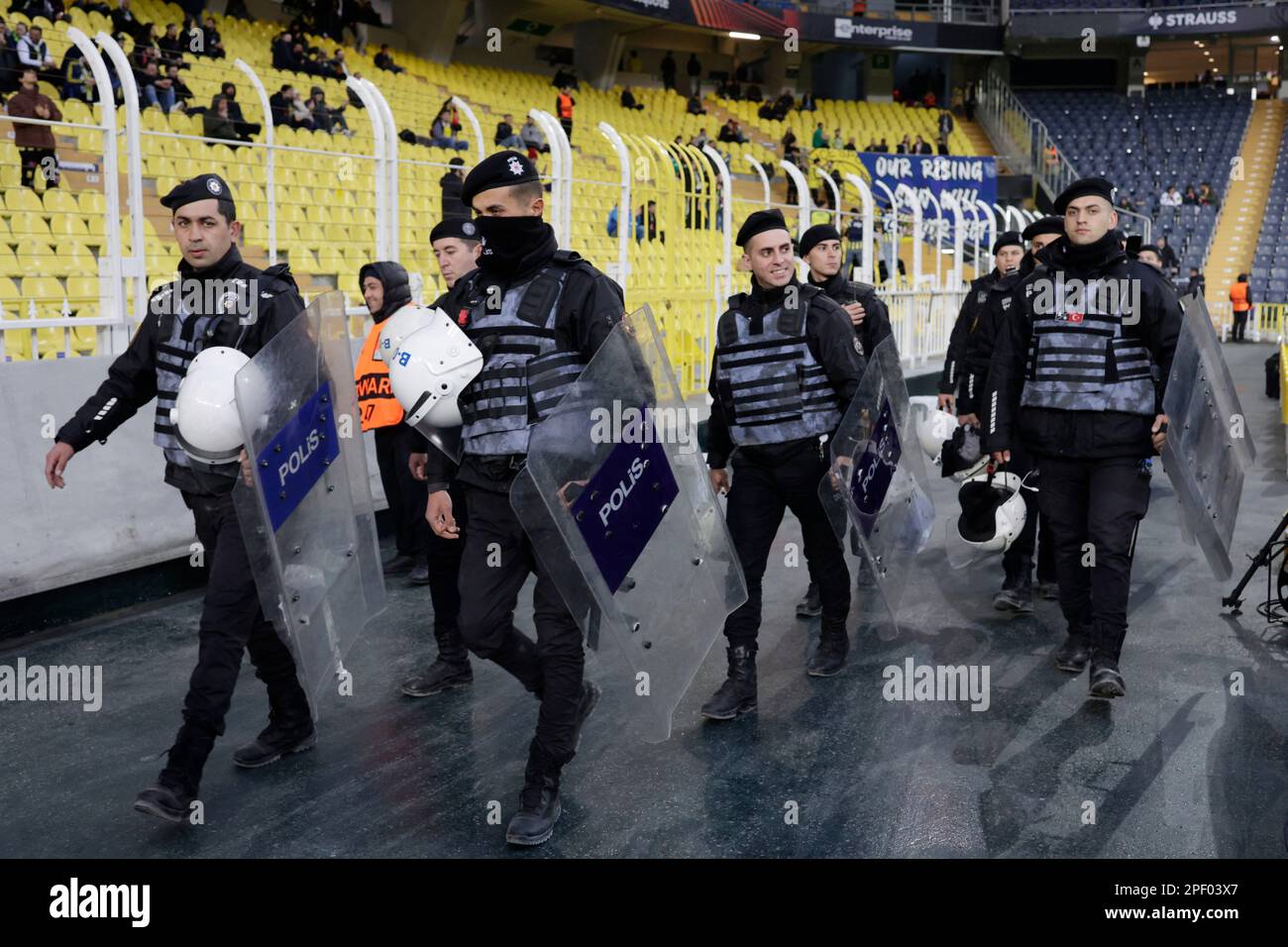 Soccer Football - Europa League - Round of 16 - Second Leg - Fenerbahce v Sevilla - Sukru Saracoglu Stadium, Istanbul, Turkey - March 16, 2023 Police officers with shields are pictured inside the stadium before the match REUTERS/Murad Sezer Stock Photo