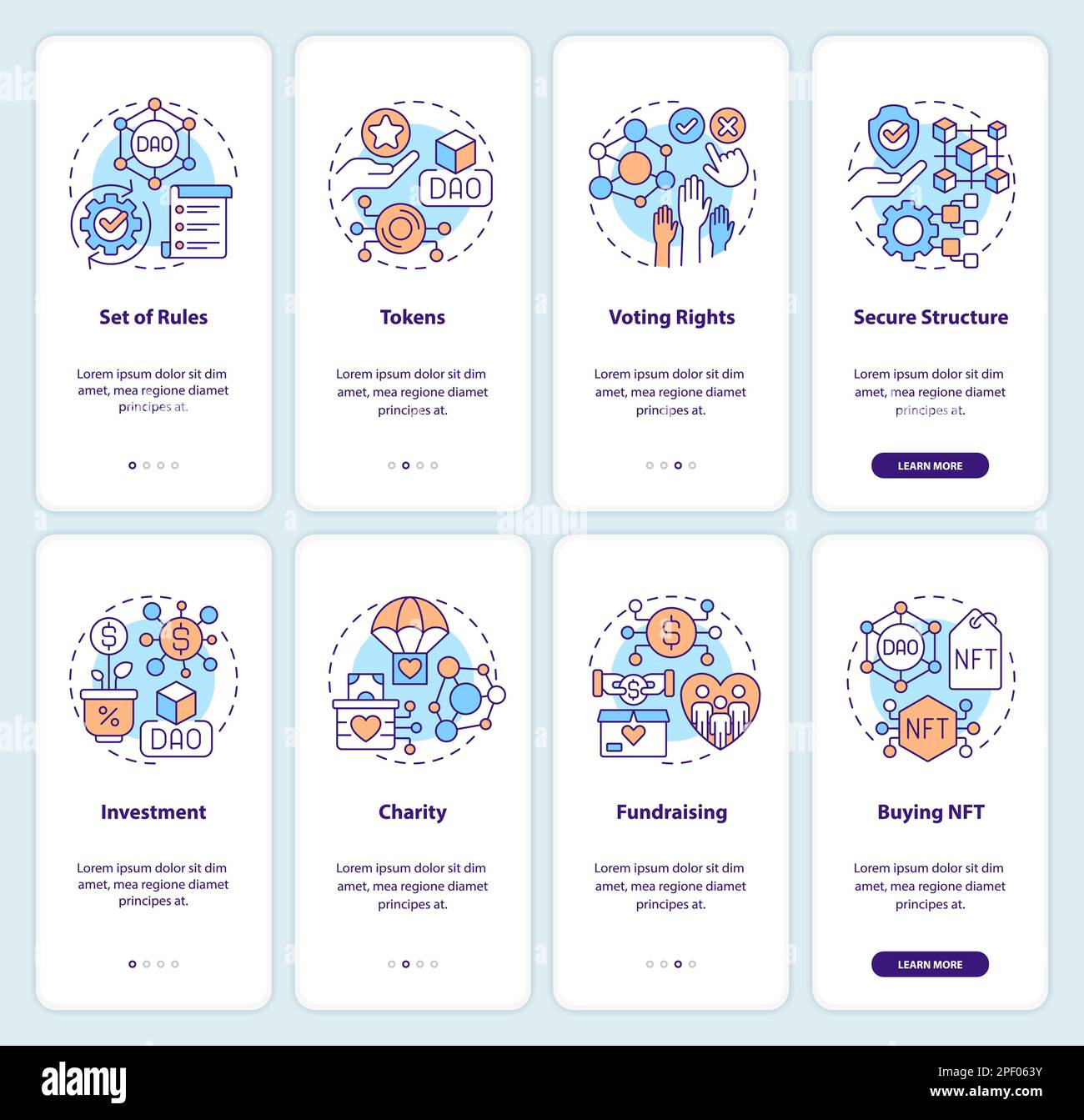DAO elements and usage purpose onboarding mobile app screens set Stock